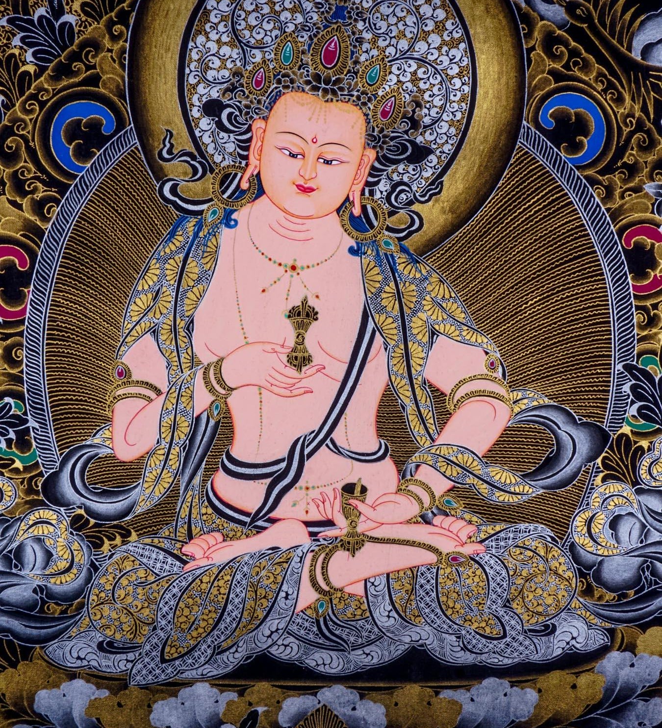 Vajrasattva Tibetan thangka art on canvas with gold and silver paint