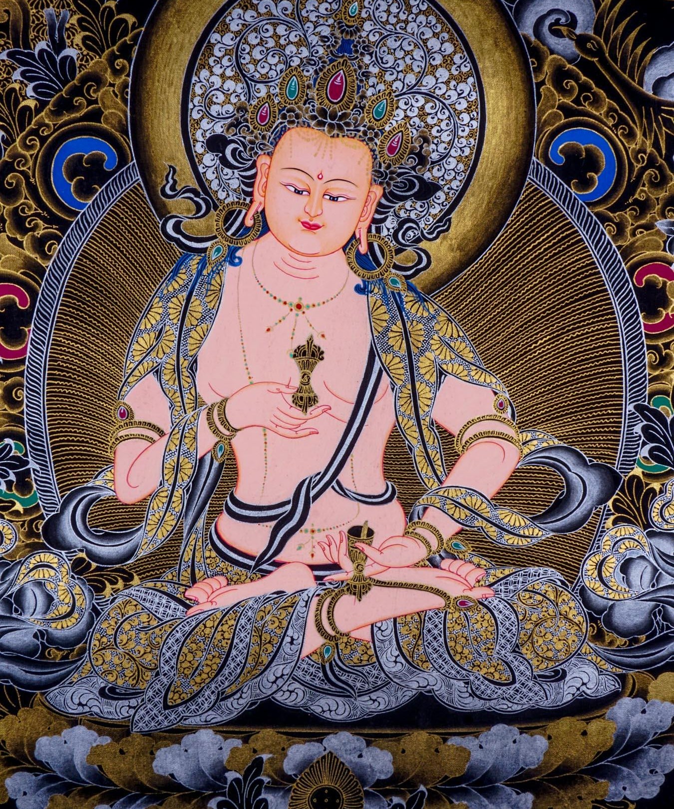 Vajrasattva Tibetan thangka art on canvas with gold and silver paint