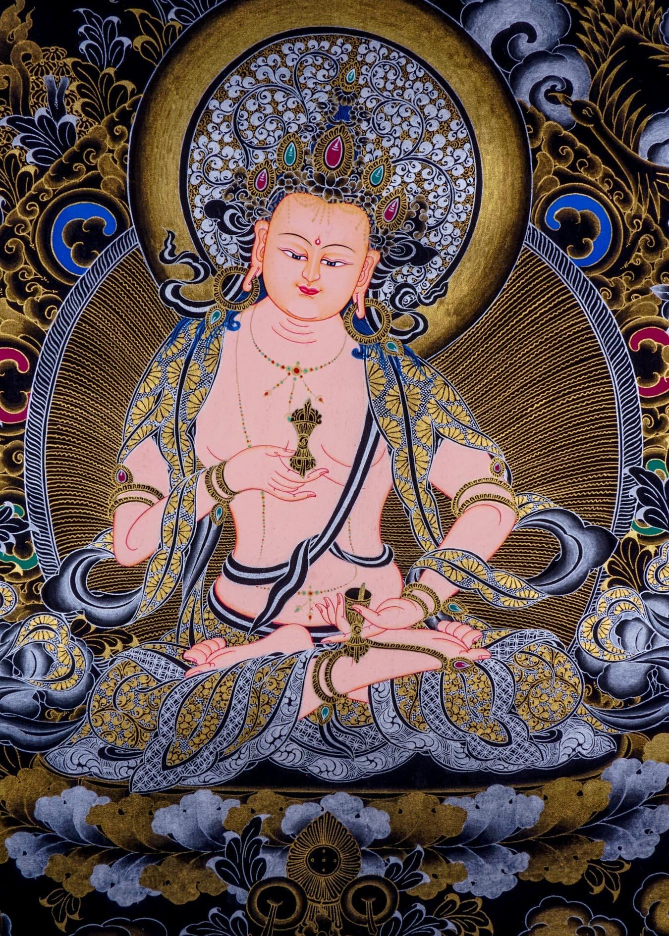 Vajrasattva Tibetan thangka art on canvas with gold and silver paint