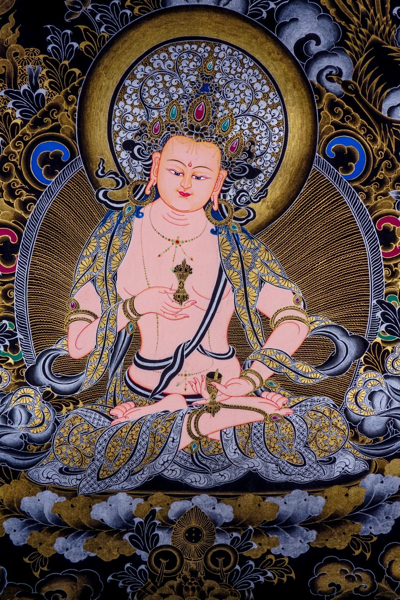 Vajrasattva Tibetan thangka art on canvas with gold and silver paint