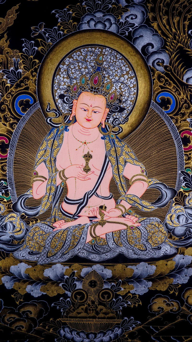 Vajrasattva Tibetan thangka art on canvas with gold and silver paint