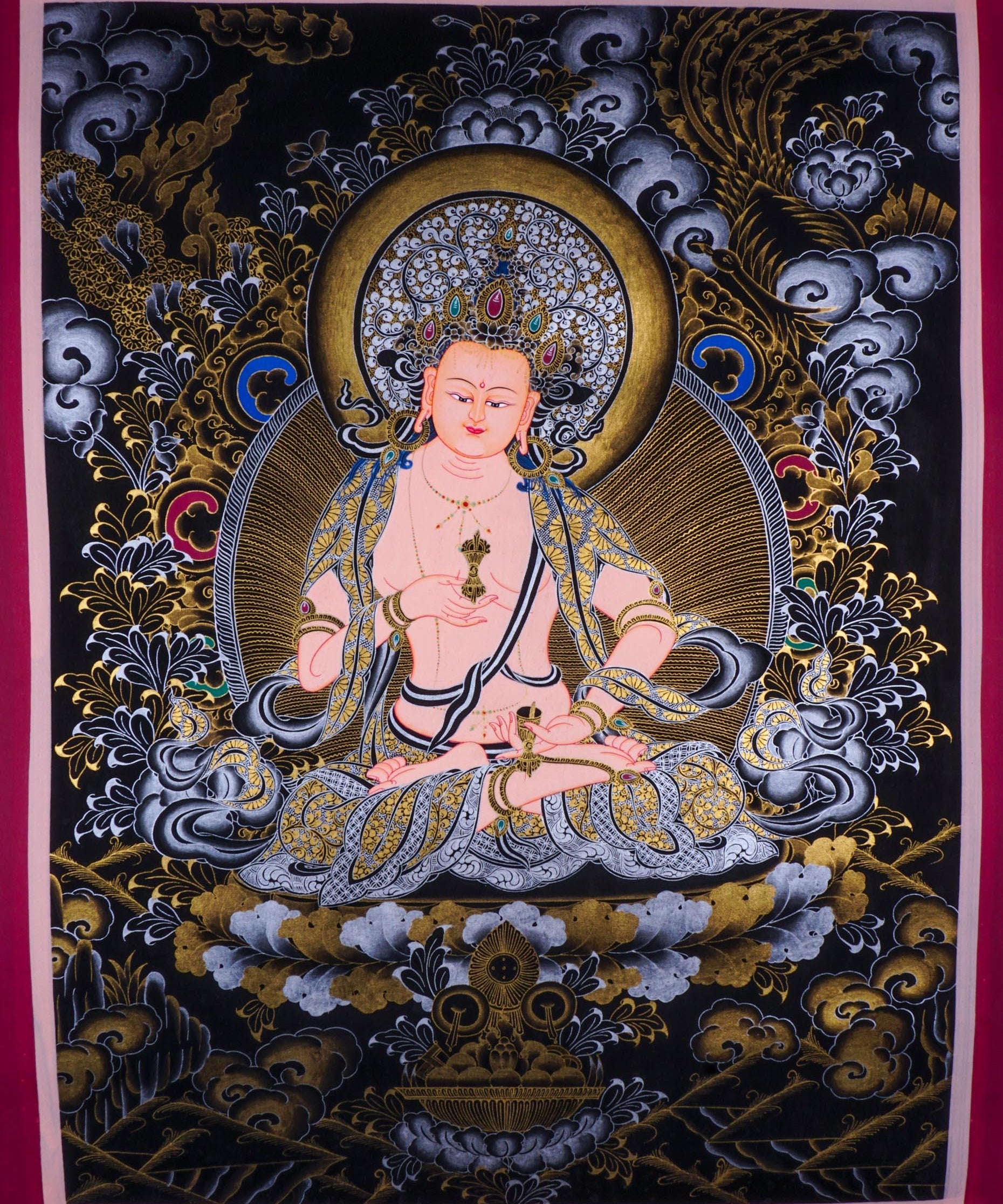 Vajrasattva Tibetan thangka art on canvas with gold and silver paint