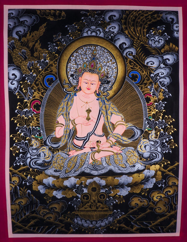 Vajrasattva Tibetan thangka art on canvas with gold and silver paint
