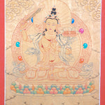 Buddhist Thangka are used as support for one's meditation practice. Manjushri is the Bodhisattva of transcendent wisdom. With the double-edged sword on his right hand he cuts through the illusion and with his left hand holds a lotus with book of Prajna Paramita.