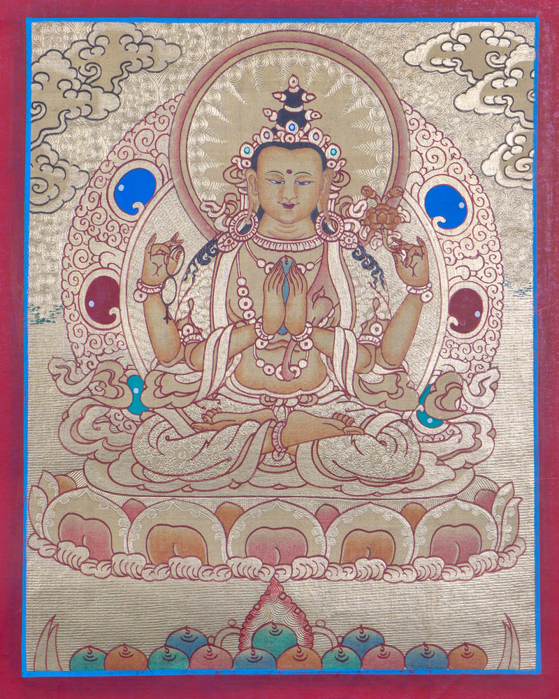 Authentic Handmade Gold painting of 4 armed Chengrezig