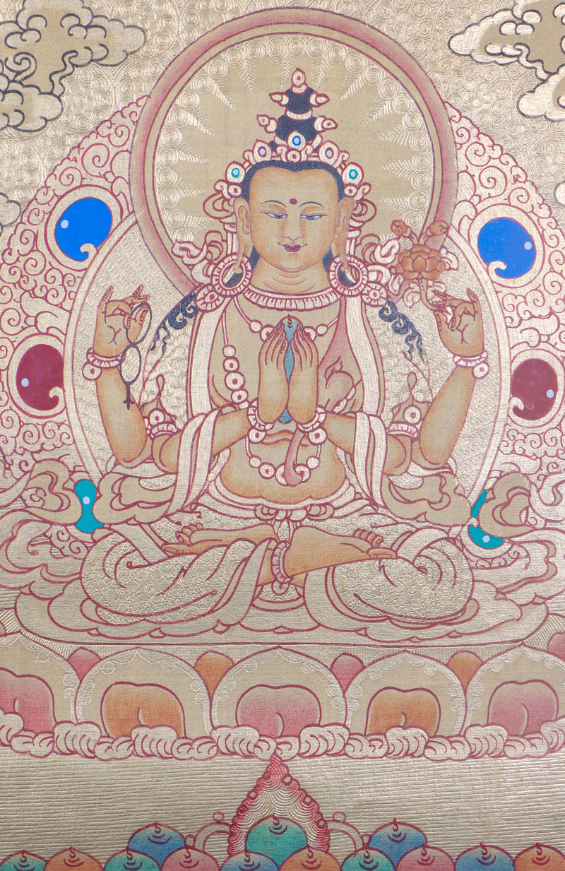 Authentic Handmade Gold painting of 4 armed Chengrezig