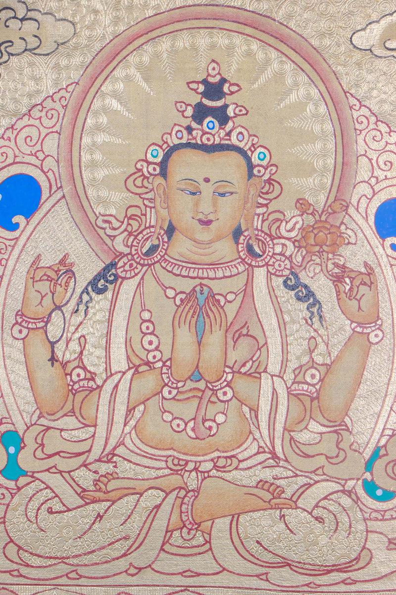 Authentic Handmade Gold painting of 4 armed Chengrezig