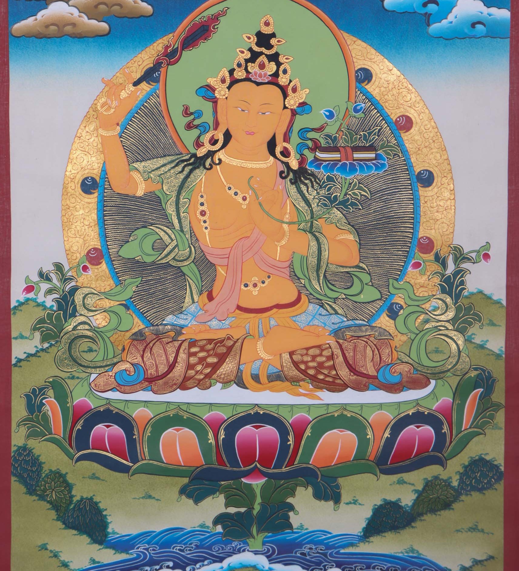 Authentic Manjushri Thangka Painting - Handpainted thangka art using only natural stone color - Himalayas Shop 