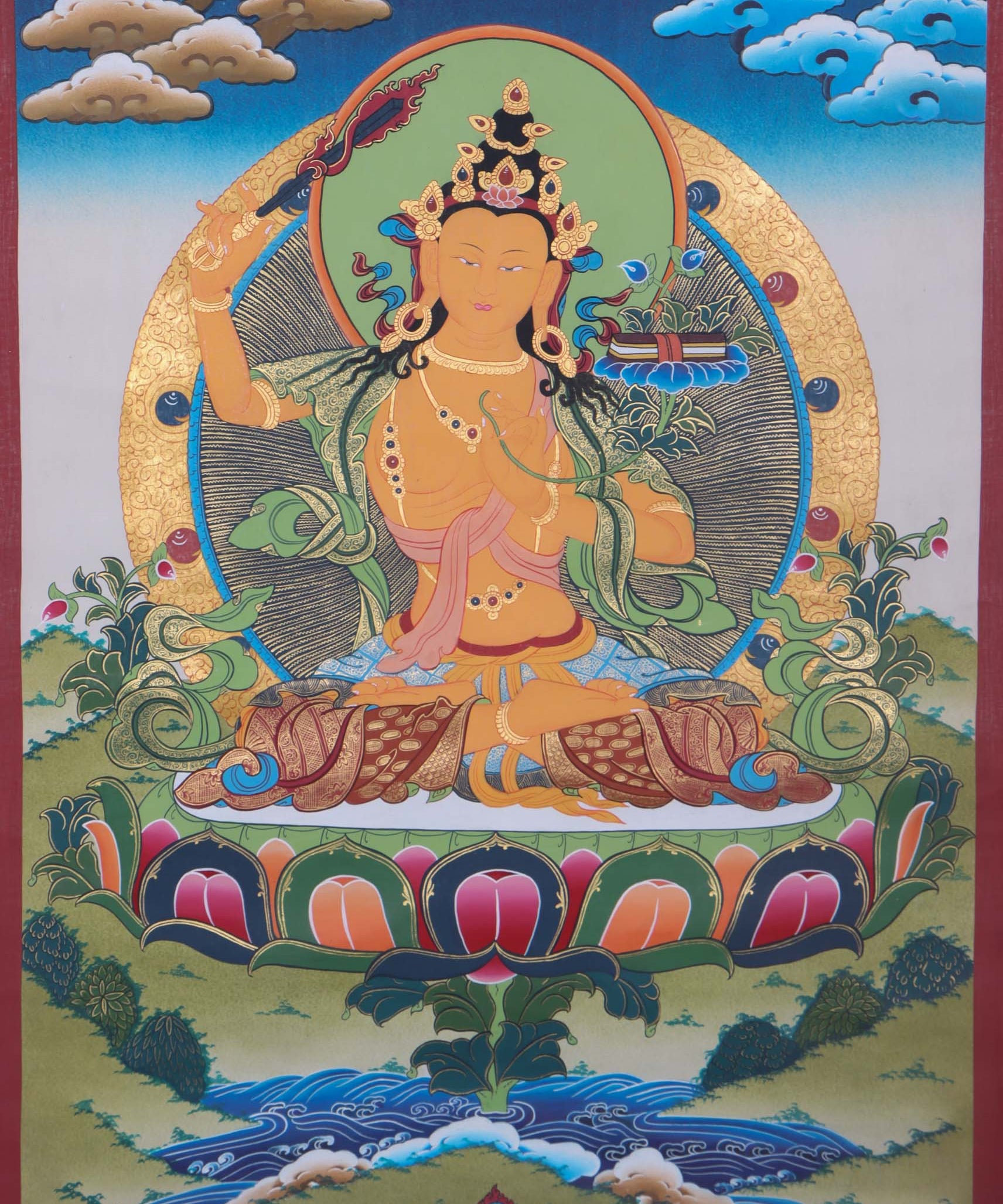 Authentic Manjushri Thangka Painting - Handpainted thangka art using only natural stone color - Himalayas Shop 