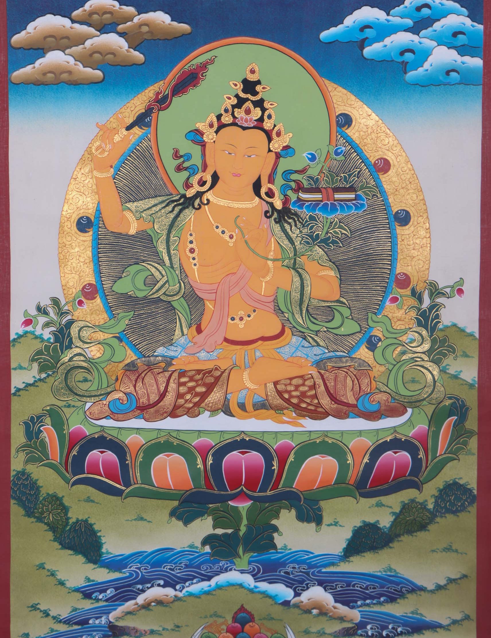 Authentic Manjushri Thangka Painting - Handpainted thangka art using only natural stone color - Himalayas Shop 