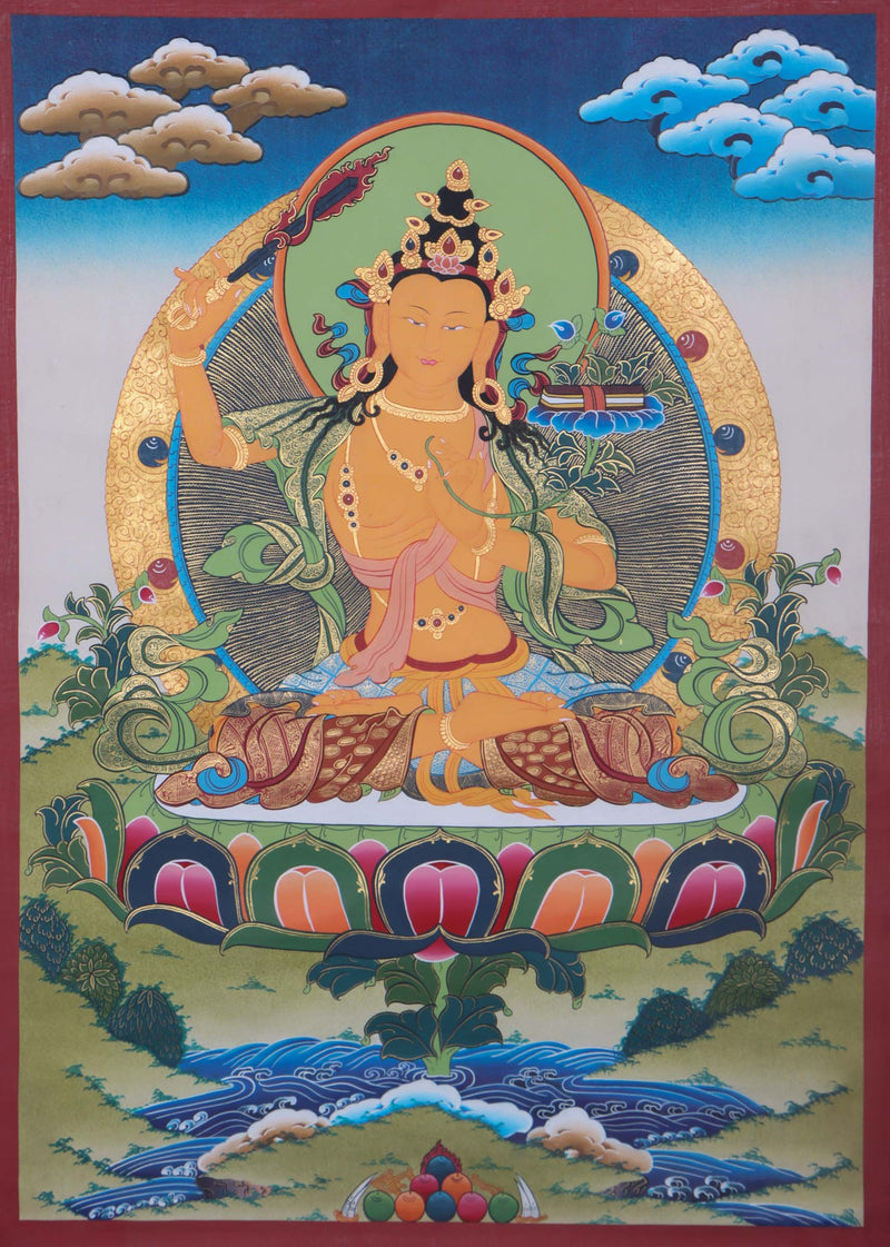 Authentic Manjushri Thangka Painting - Handpainted thangka art using only natural stone color - Himalayas Shop 