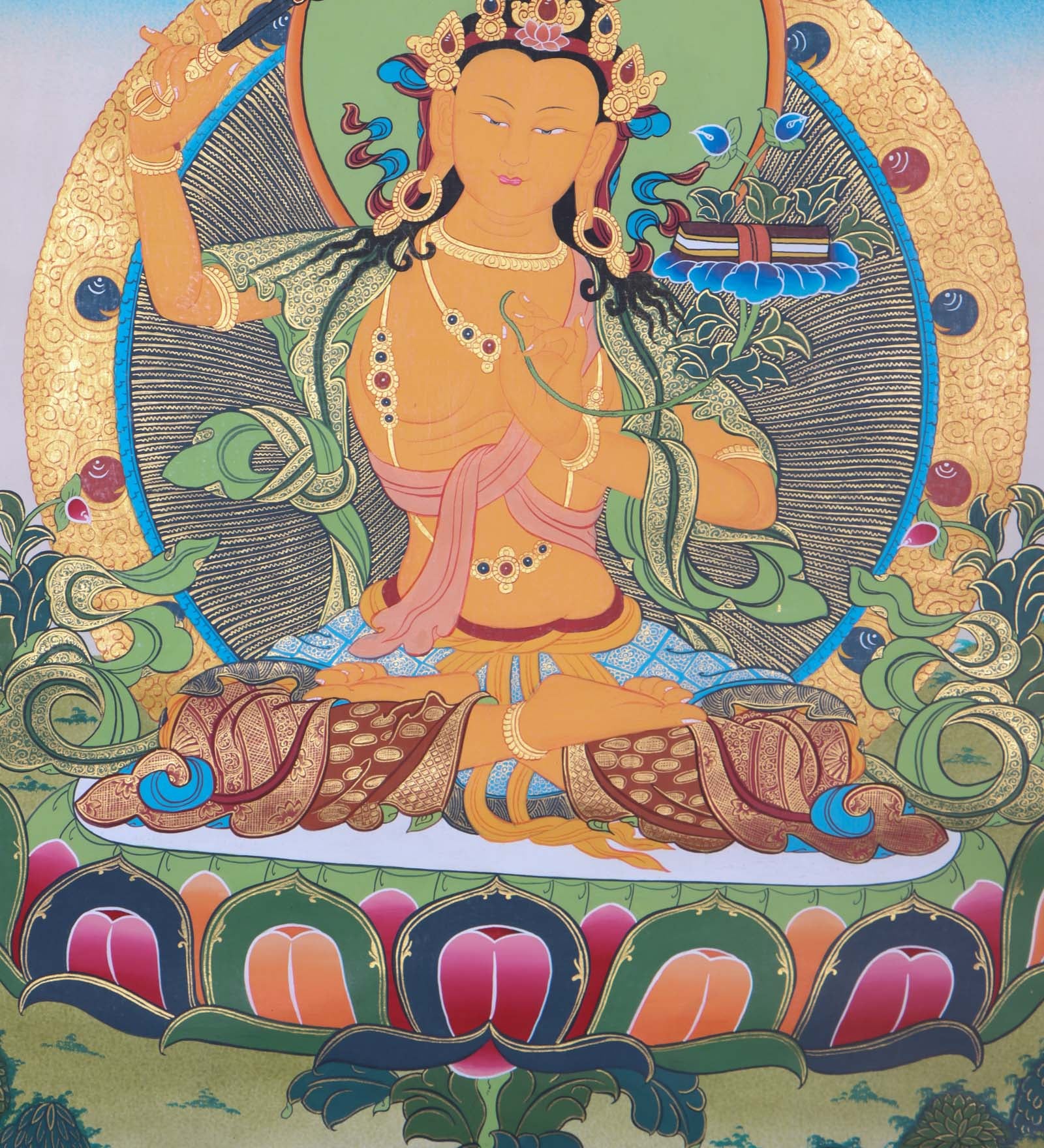 Authentic Manjushri Thangka Painting - Handpainted thangka art using only natural stone color - Himalayas Shop 