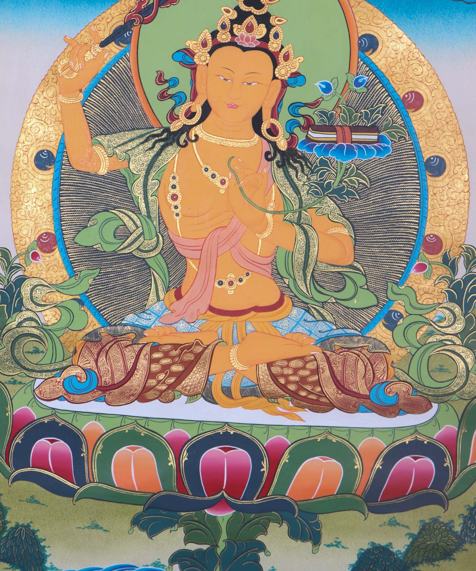 Authentic Manjushri Thangka Painting - Handpainted thangka art using only natural stone color - Himalayas Shop 