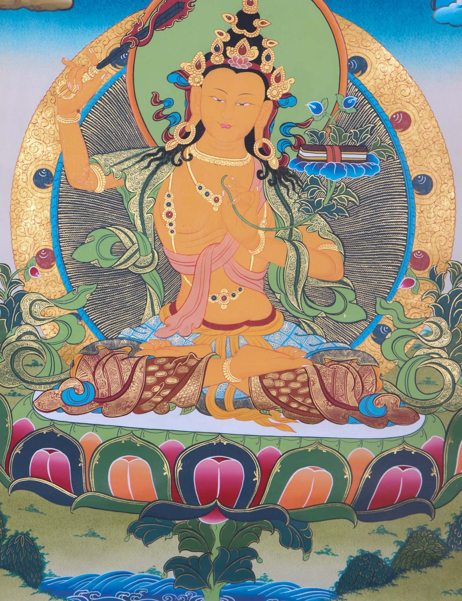 Authentic Manjushri Thangka Painting - Handpainted thangka art using only natural stone color - Himalayas Shop 