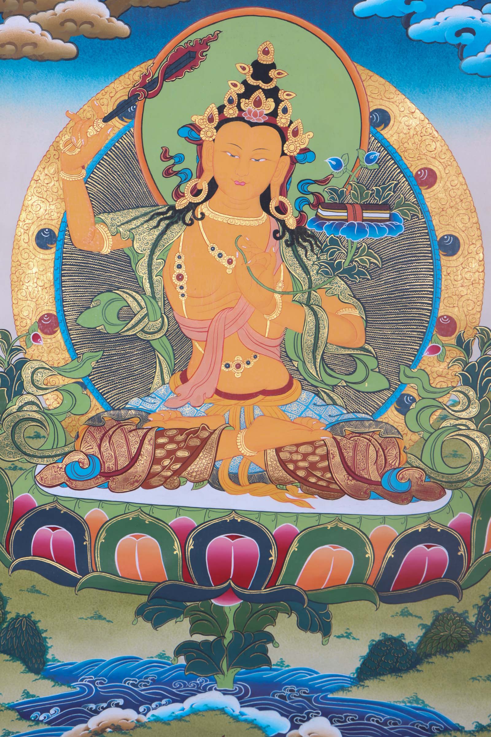 Authentic Manjushri Thangka Painting - Handpainted thangka art using only natural stone color - Himalayas Shop 
