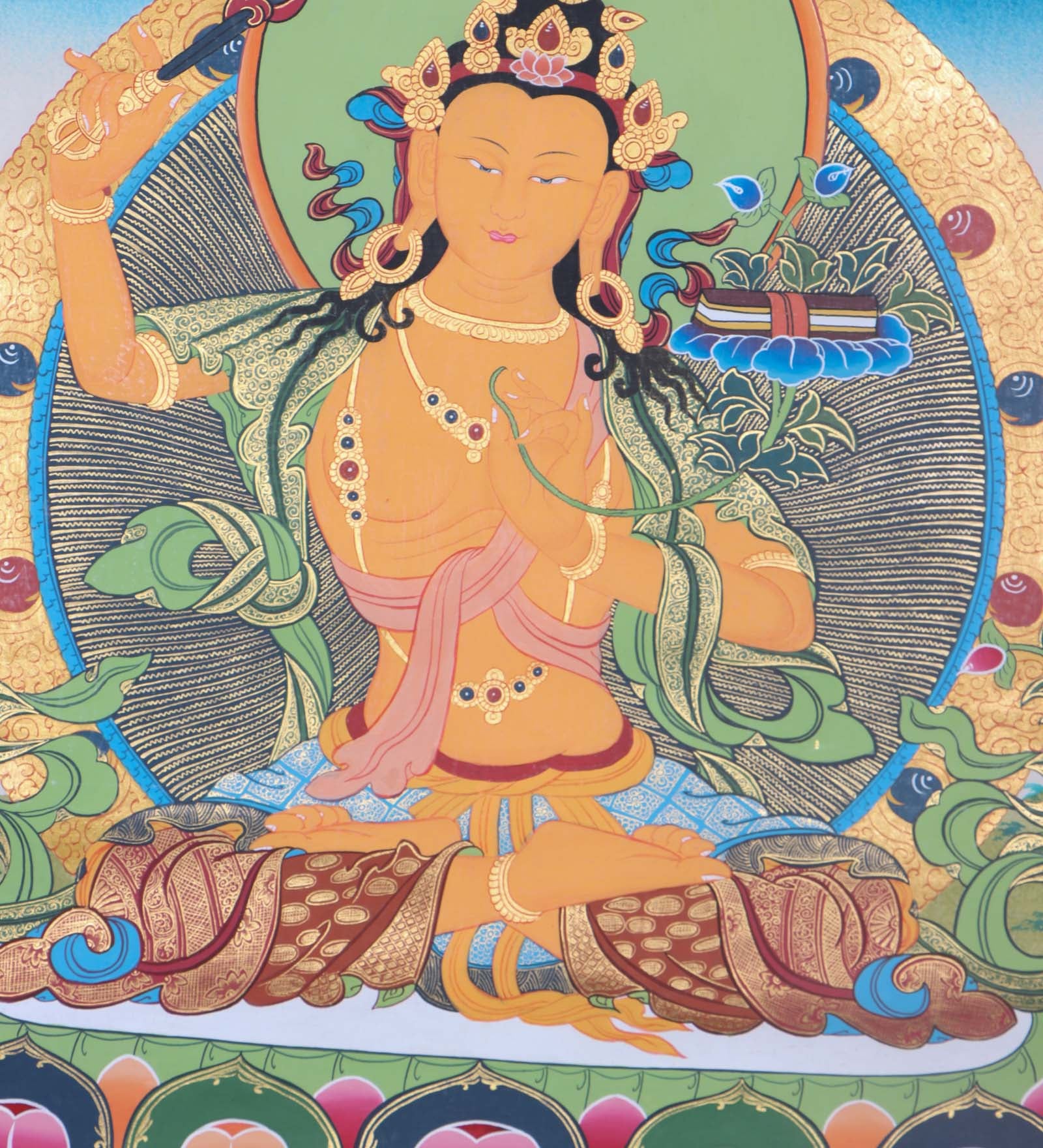 Authentic Manjushri Thangka Painting - Handpainted thangka art using only natural stone color - Himalayas Shop 