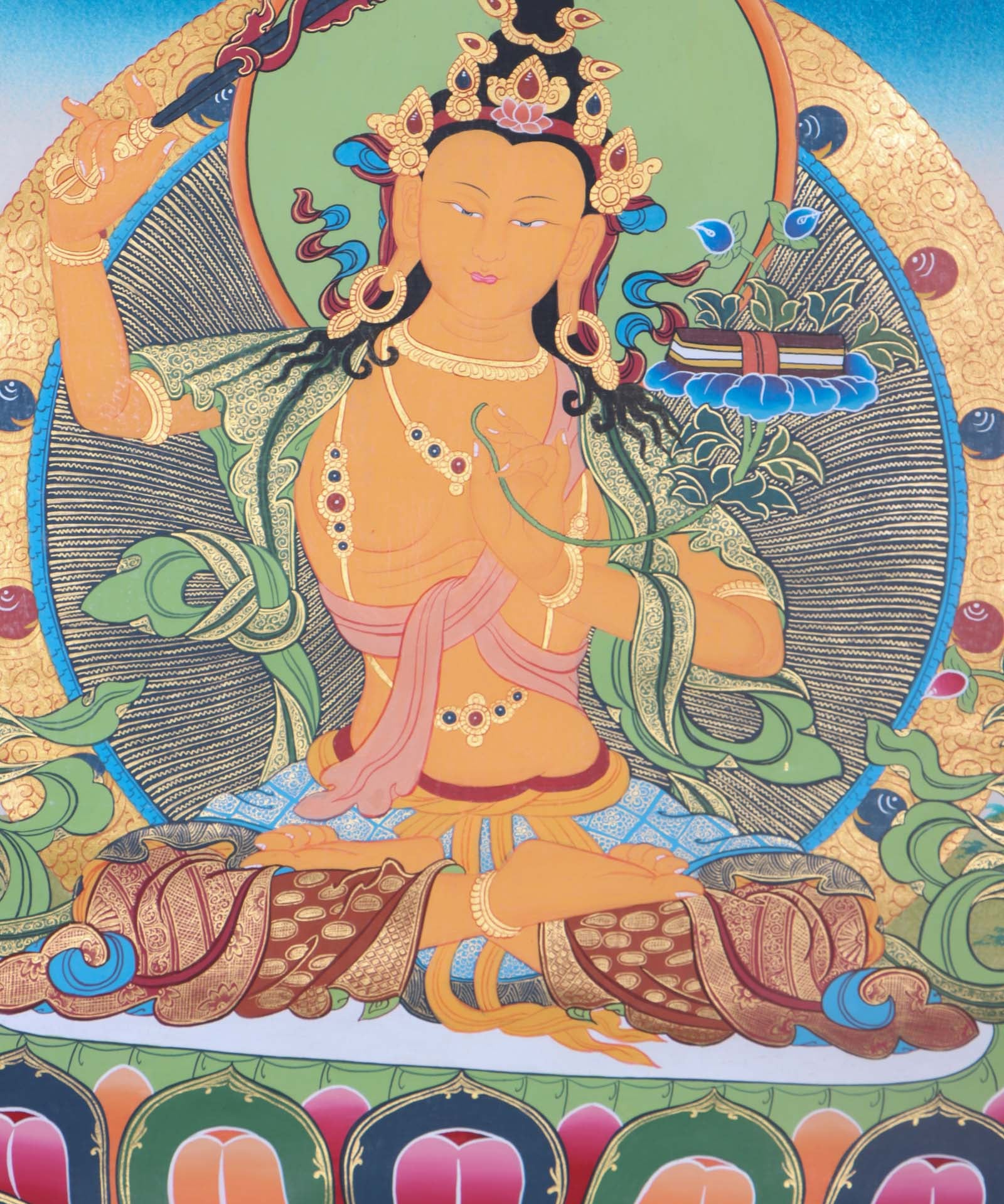 Authentic Manjushri Thangka Painting - Handpainted thangka art using only natural stone color - Himalayas Shop 