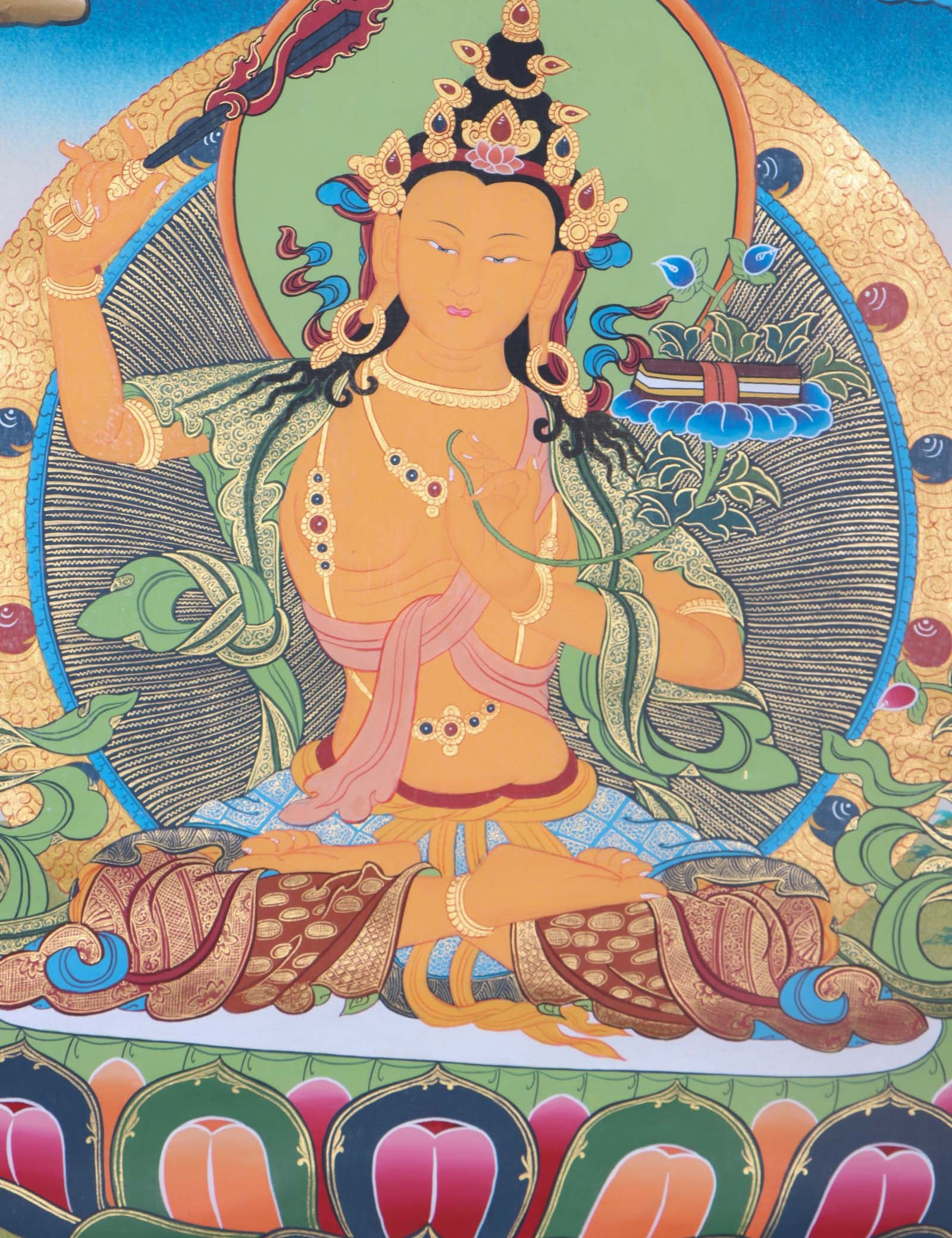 Authentic Manjushri Thangka Painting - Handpainted thangka art using only natural stone color - Himalayas Shop 