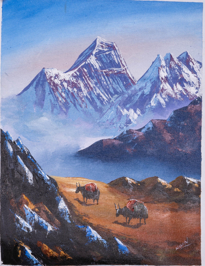 Oil Painting of Mount Everest - Yaks on their way - Himalayas Shop