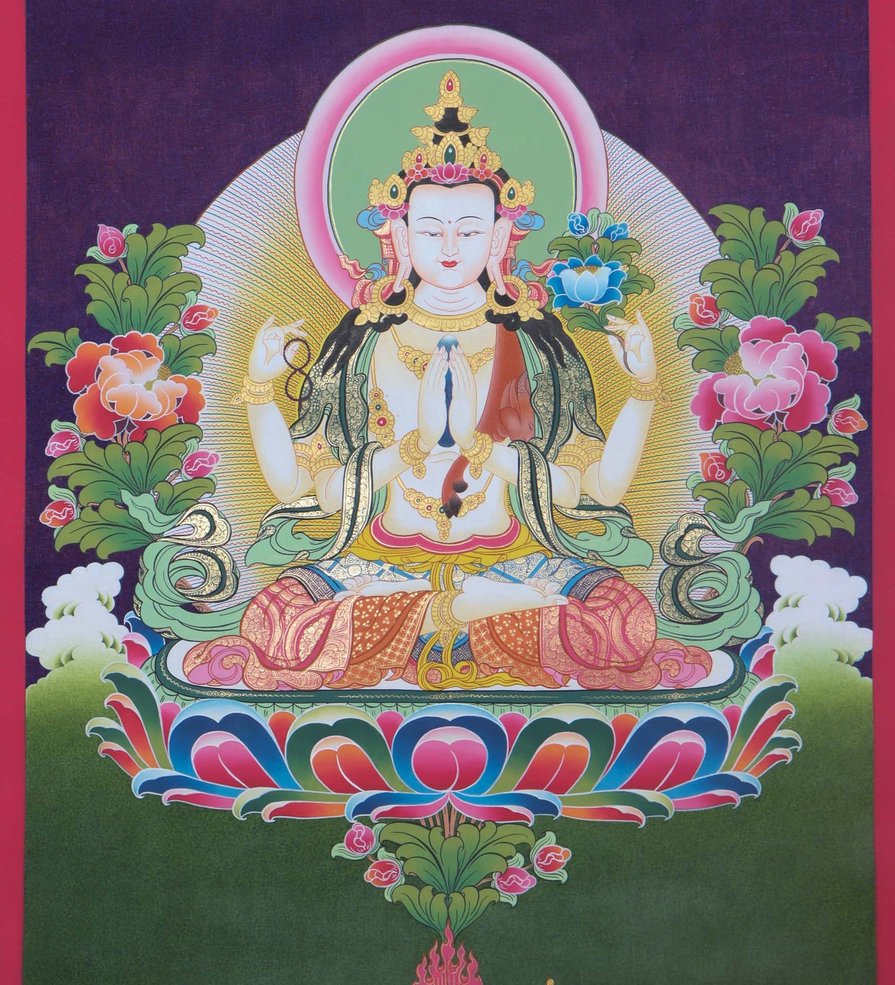 Vibrant and intricate Chengresi Tibetan Thangka art depicting the bodhisattva of compassion, with colorful details and ornate patterns - Himalayas Shop