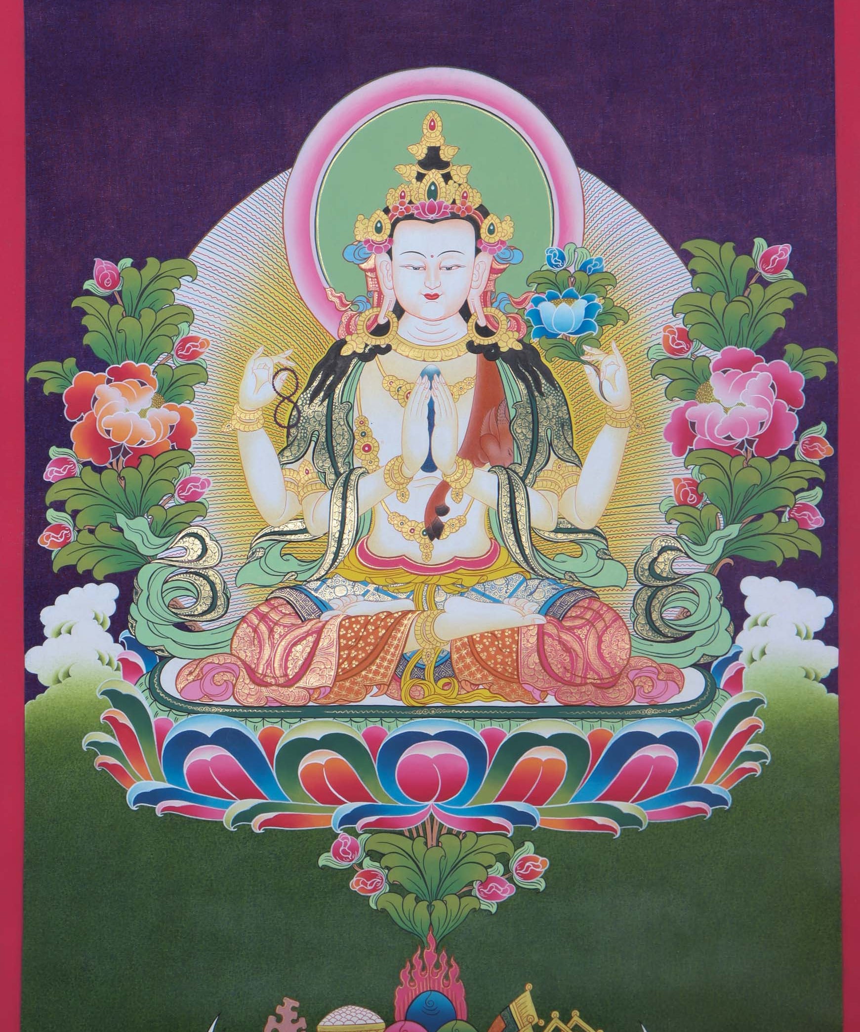 Vibrant and intricate Chengresi Tibetan Thangka art depicting the bodhisattva of compassion, with colorful details and ornate patterns - Himalayas Shop