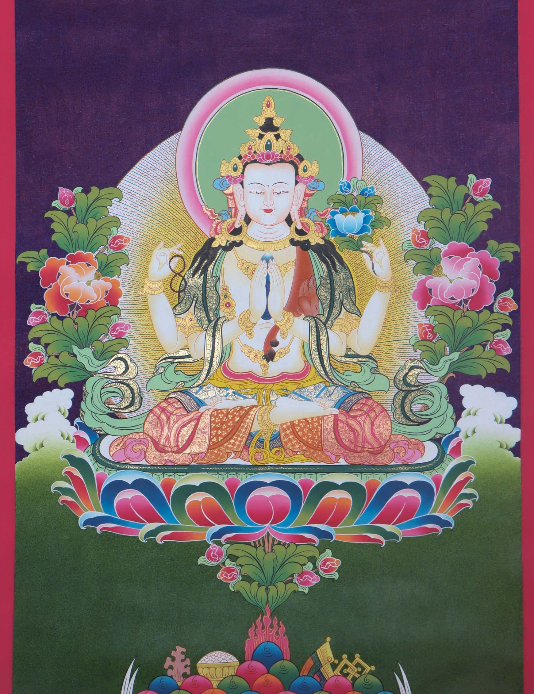 Vibrant and intricate Chengresi Tibetan Thangka art depicting the bodhisattva of compassion, with colorful details and ornate patterns - Himalayas Shop
