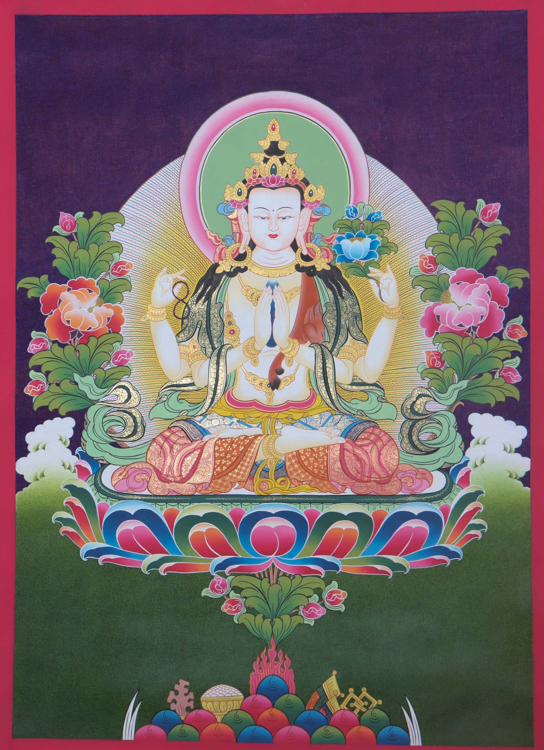 Vibrant and intricate Chengresi Tibetan Thangka art depicting the bodhisattva of compassion, with colorful details and ornate patterns - Himalayas Shop