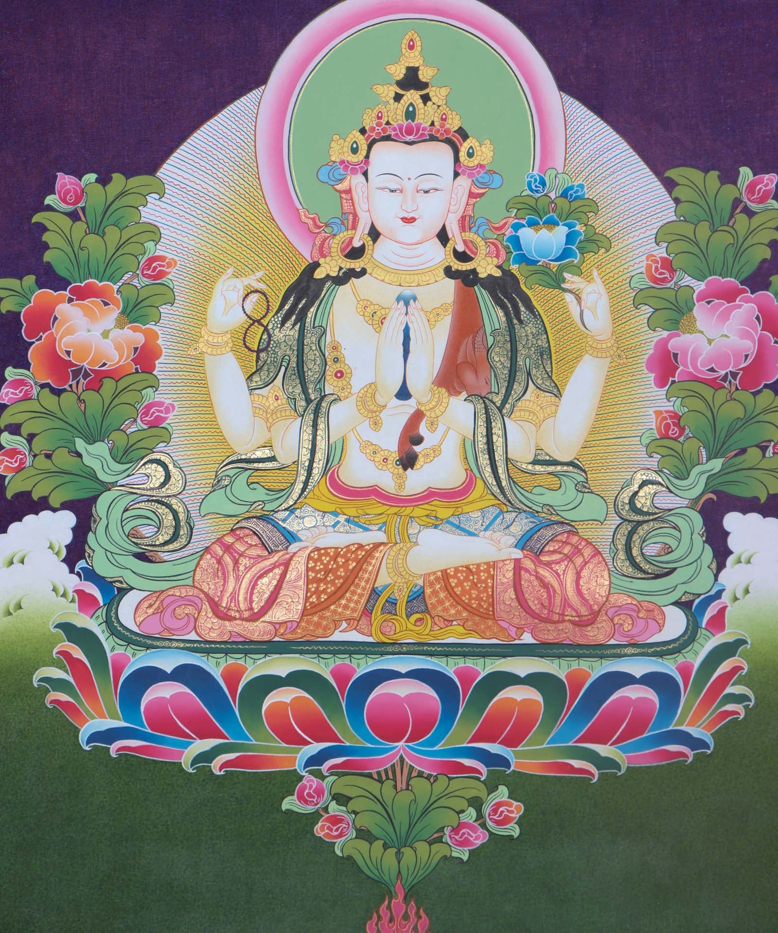 Vibrant and intricate Chengresi Tibetan Thangka art depicting the bodhisattva of compassion, with colorful details and ornate patterns - Himalayas Shop
