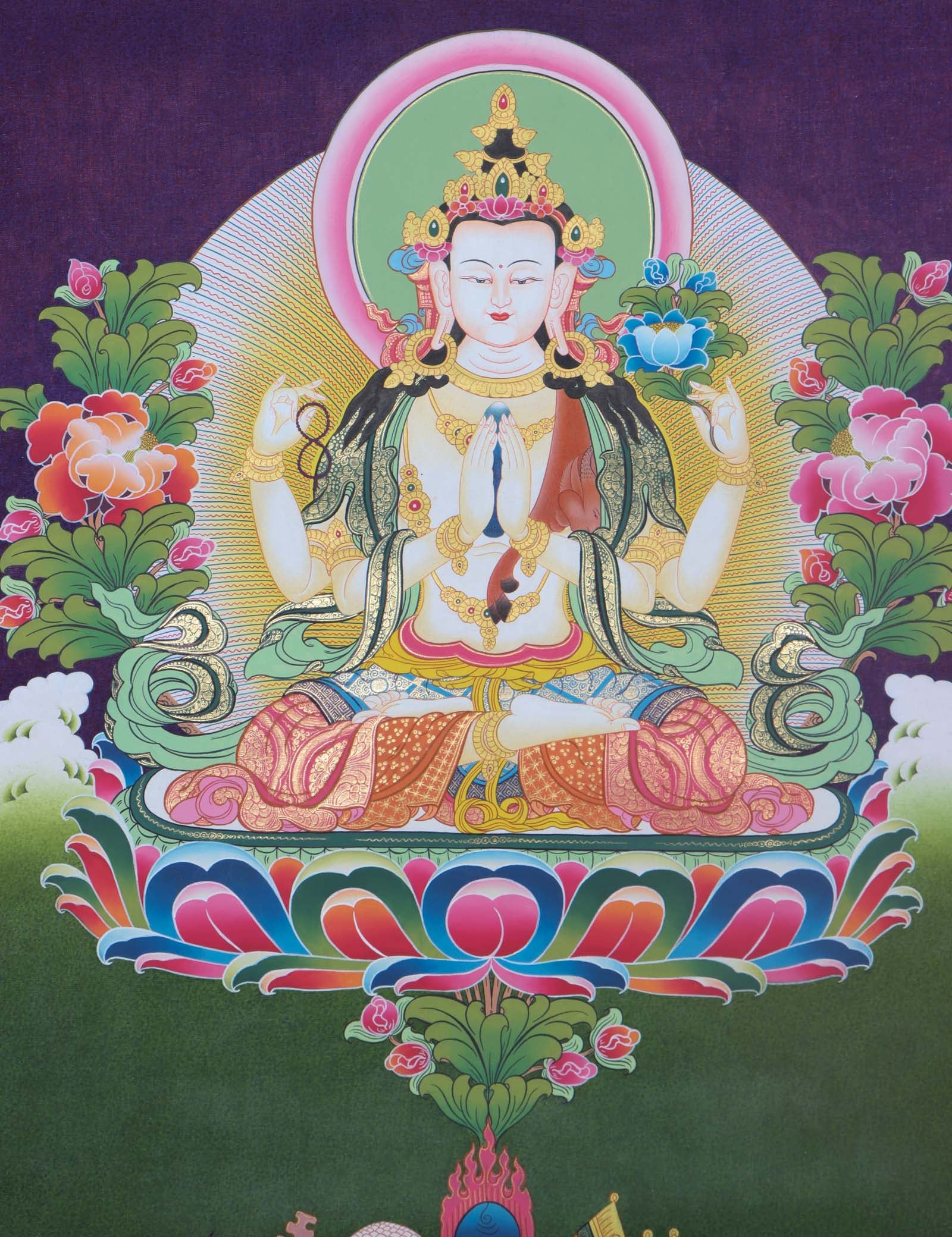 Vibrant and intricate Chengresi Tibetan Thangka art depicting the bodhisattva of compassion, with colorful details and ornate patterns - Himalayas Shop