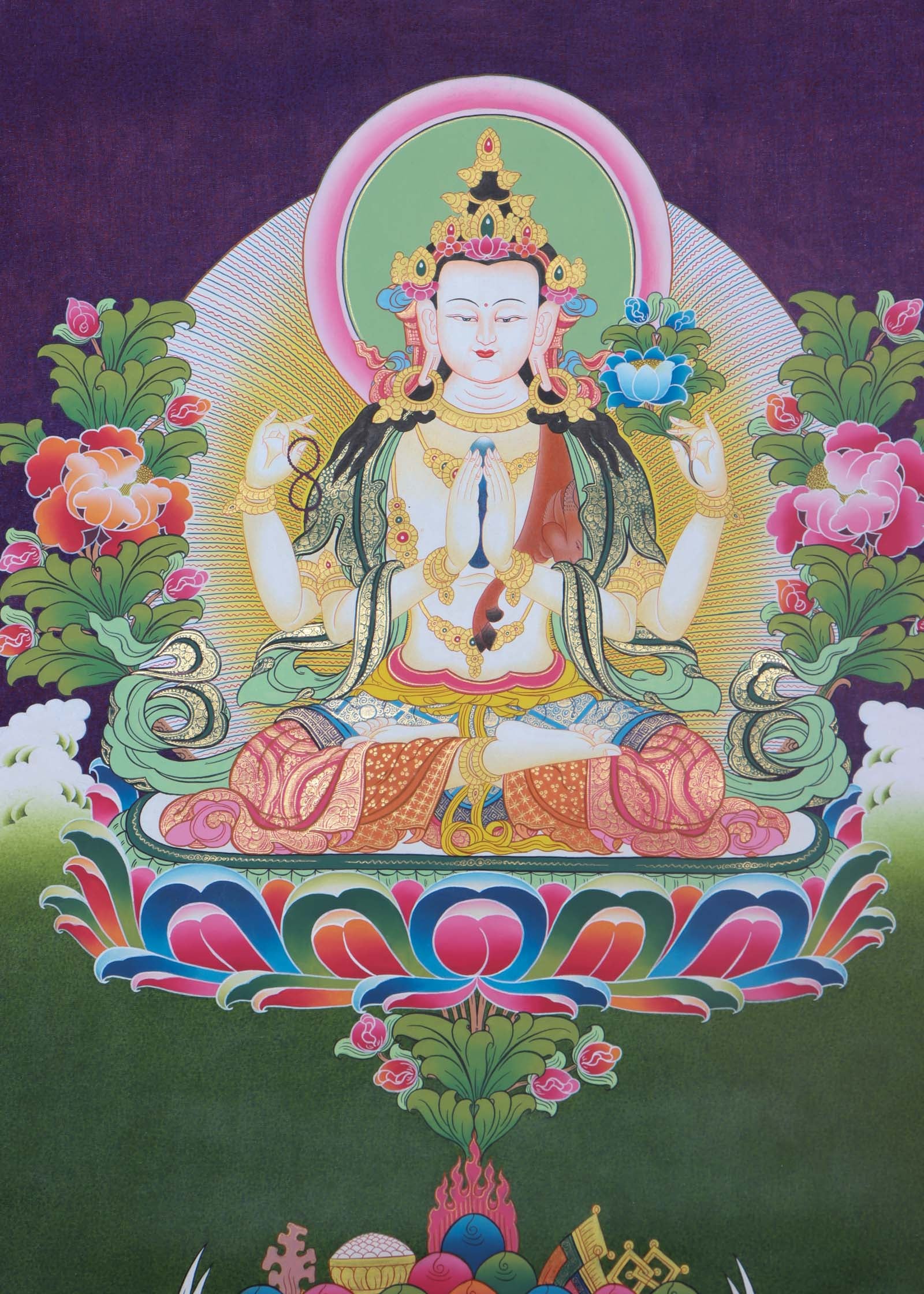 Vibrant and intricate Chengresi Tibetan Thangka art depicting the bodhisattva of compassion, with colorful details and ornate patterns - Himalayas Shop