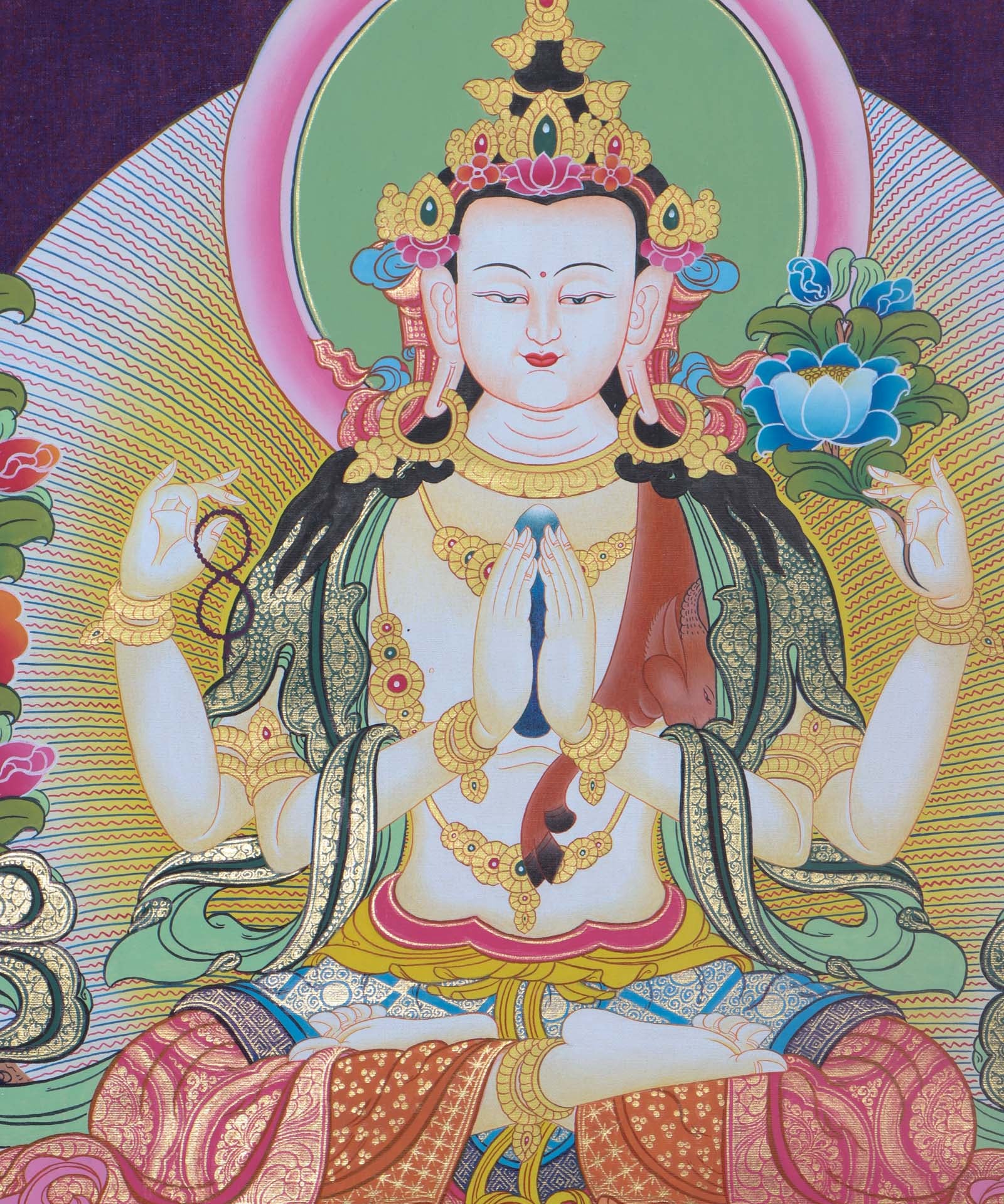 Vibrant and intricate Chengresi Tibetan Thangka art depicting the bodhisattva of compassion, with colorful details and ornate patterns - Himalayas Shop