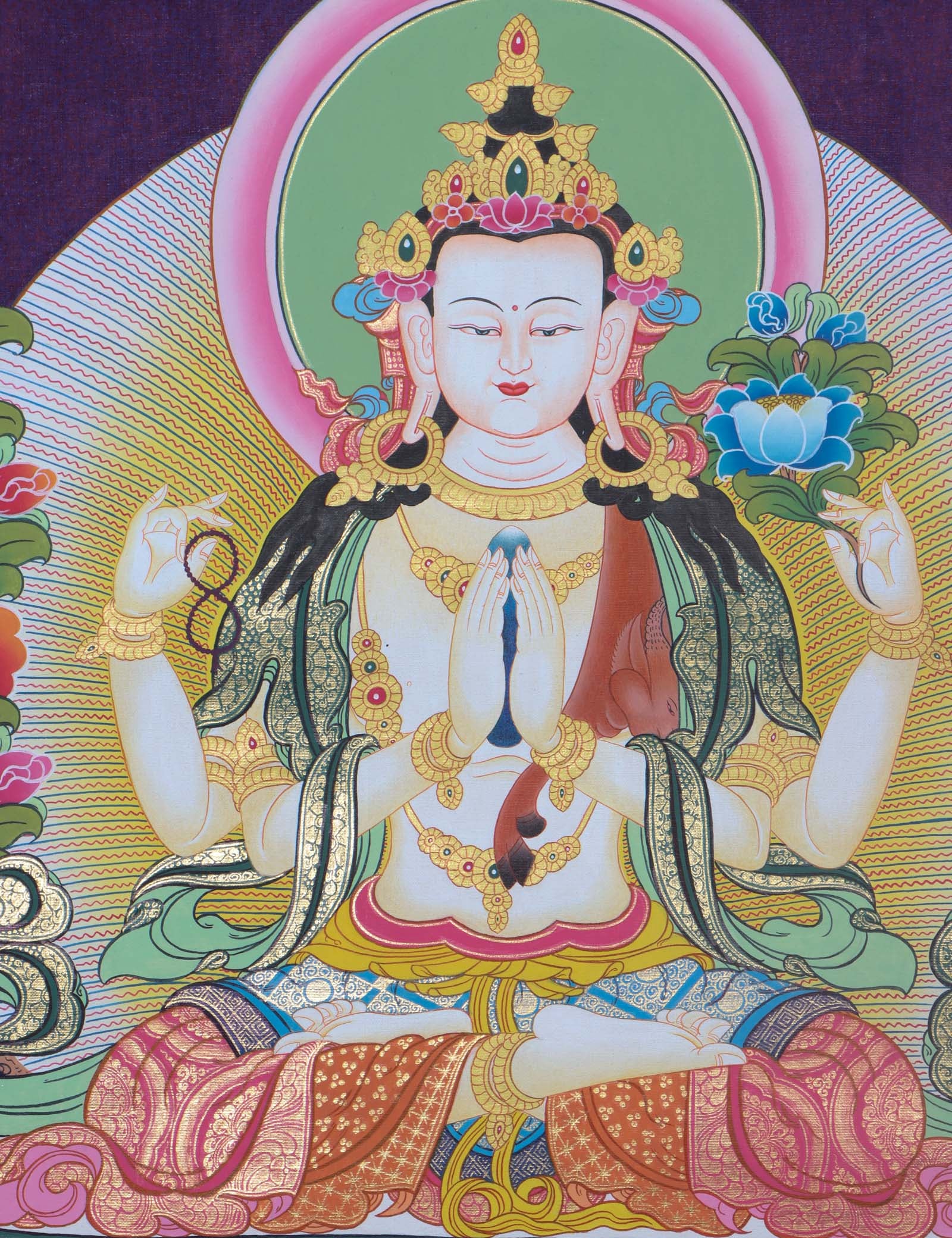 Vibrant and intricate Chengresi Tibetan Thangka art depicting the bodhisattva of compassion, with colorful details and ornate patterns - Himalayas Shop