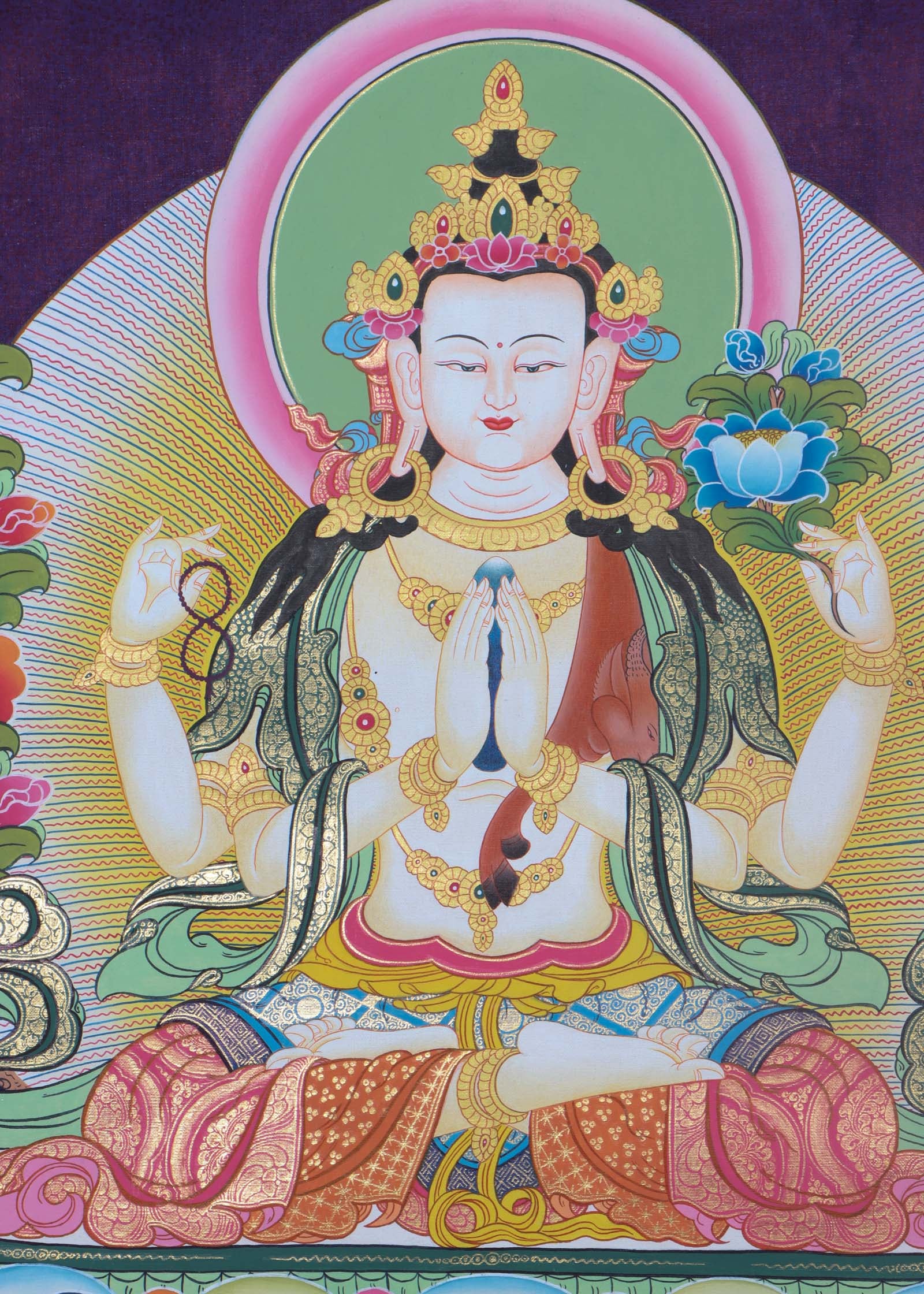 Vibrant and intricate Chengresi Tibetan Thangka art depicting the bodhisattva of compassion, with colorful details and ornate patterns - Himalayas Shop