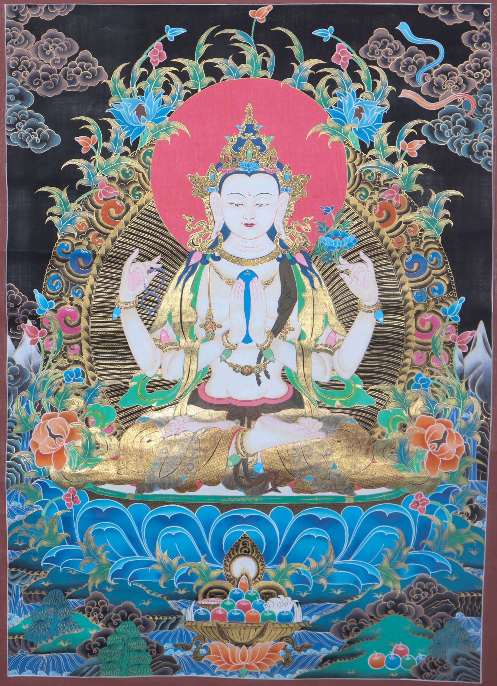 Four Arm Chenrezig Bodhisattva thangka painting depicts the Buddhist deity with multiple arms, each holding symbolic objects representing compassion and wisdom. The vibrant colors and intricate details of the thangka invite the viewer to meditate on the embodiment of enlightenment and seek inner peace.