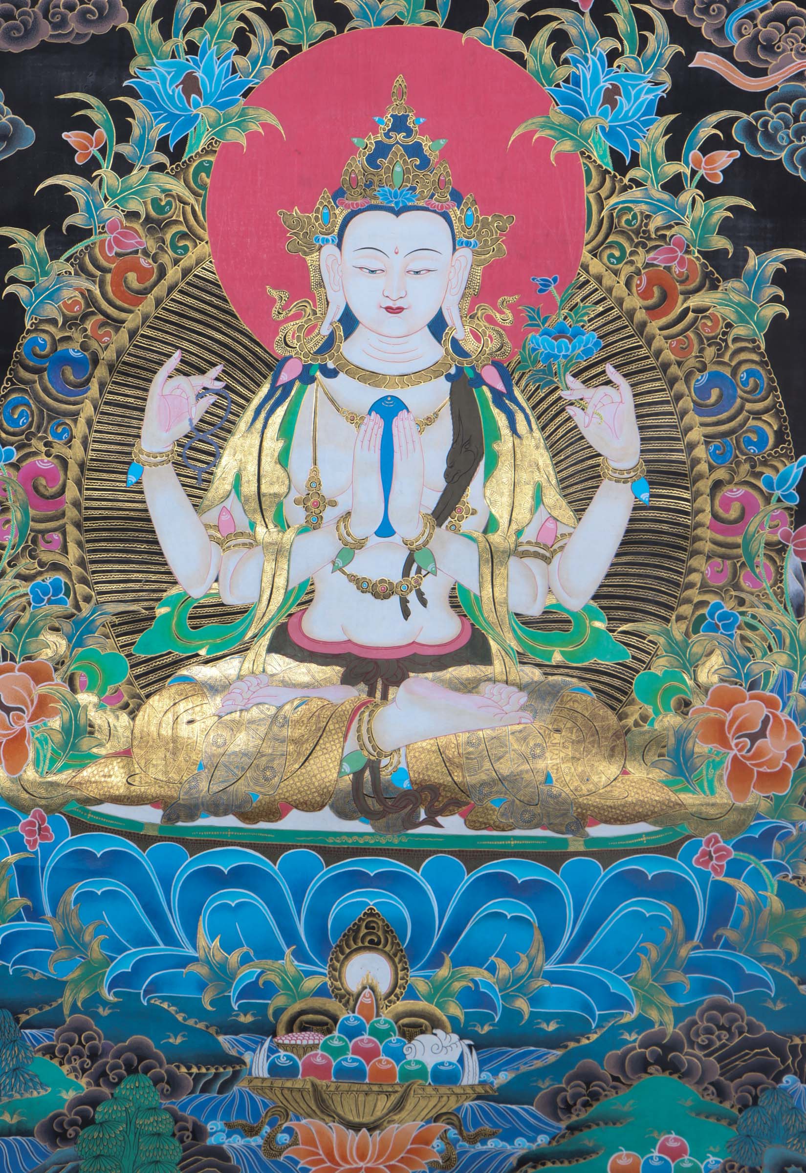 Four Arm Chenrezig Bodhisattva thangka painting depicts the Buddhist deity with multiple arms, each holding symbolic objects representing compassion and wisdom. The vibrant colors and intricate details of the thangka invite the viewer to meditate on the embodiment of enlightenment and seek inner peace.