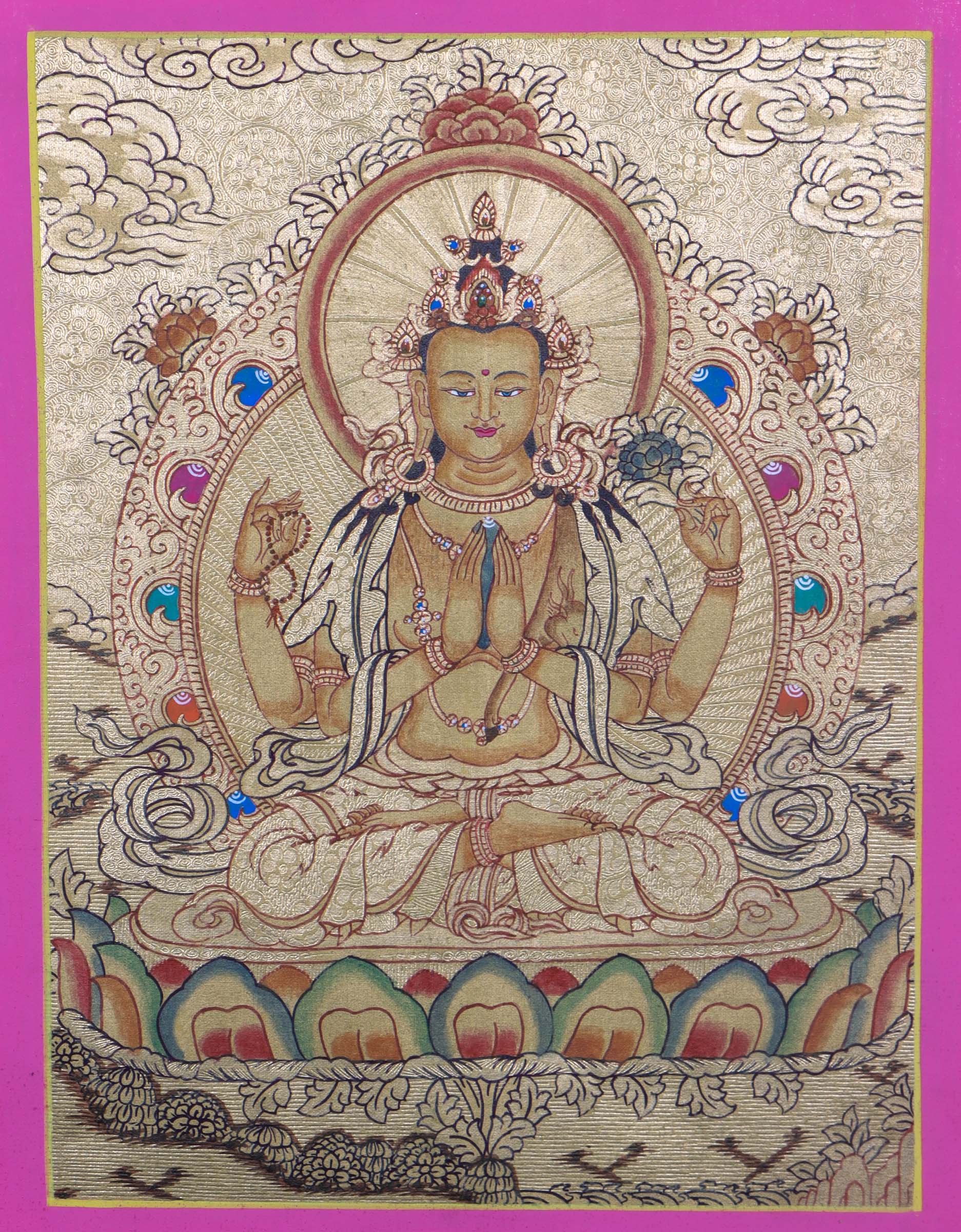 Chenrezig Buddhist painting on Gold - Himalayas Shop