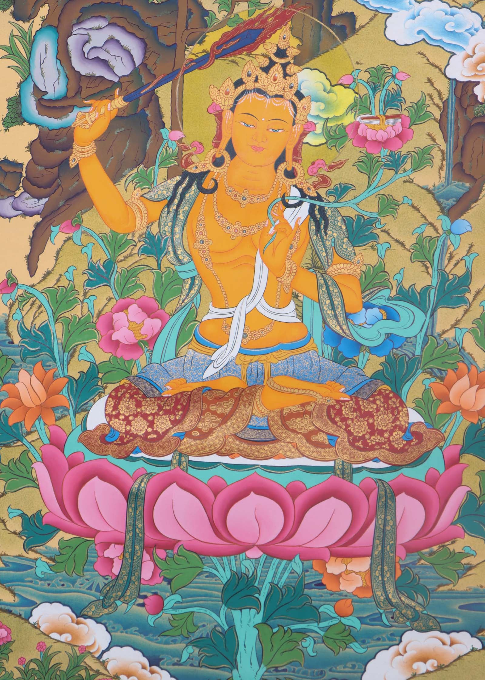 Manujshri Tibetan Thangka Painting - Handpainted Thangka Art - Himalayas Shop
