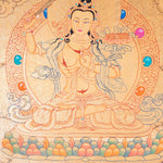 Buddhist Thangka are used as support for one's meditation practice. Manjushri is the Bodhisattva of transcendent wisdom. With the double-edged sword on his right hand he cuts through the illusion and with his left hand holds a lotus with book of Prajna Paramita.