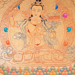 Buddhist Thangka are used as support for one's meditation practice. Manjushri is the Bodhisattva of transcendent wisdom. With the double-edged sword on his right hand he cuts through the illusion and with his left hand holds a lotus with book of Prajna Paramita.
