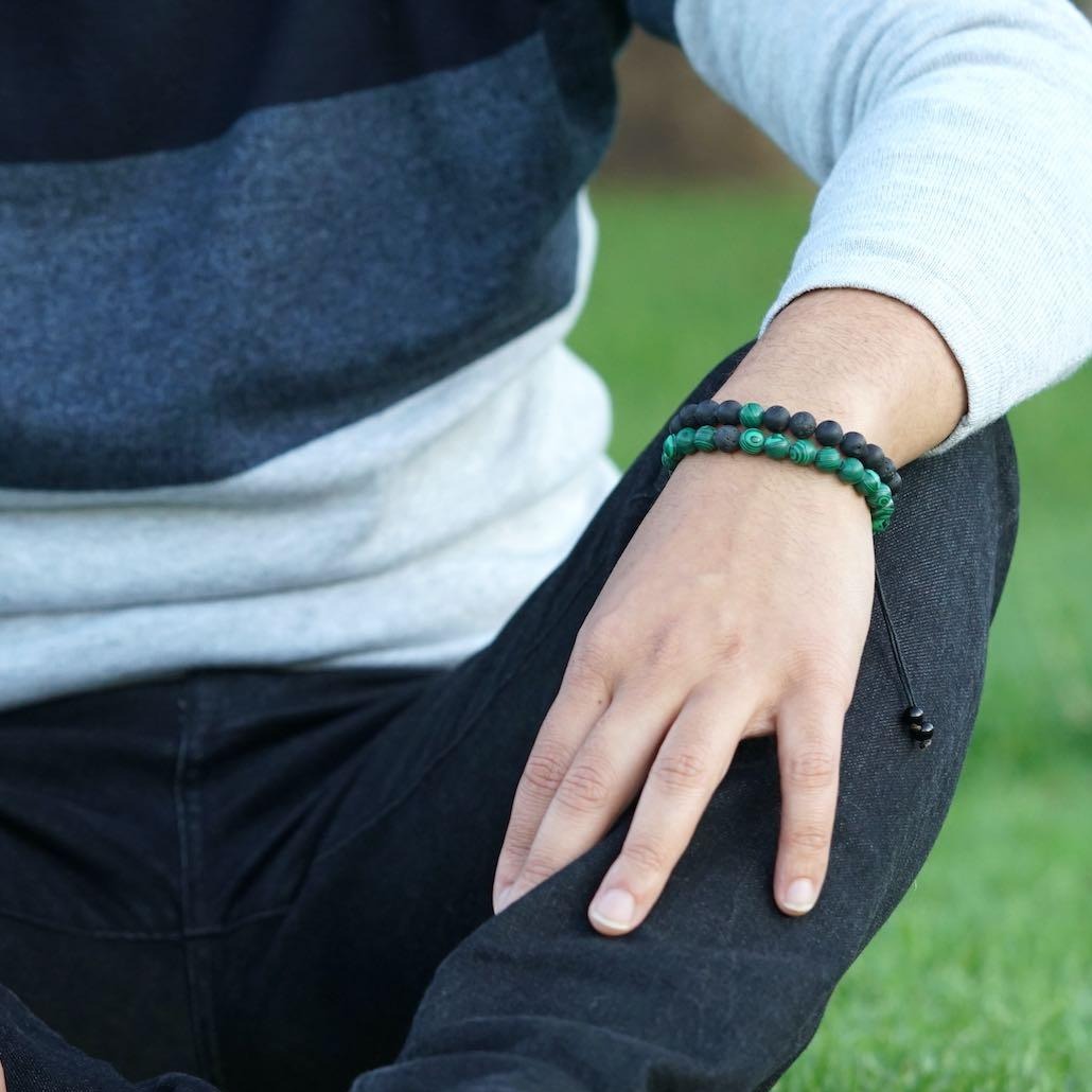 Malachite bracelet, Lava Bracelet being worn 