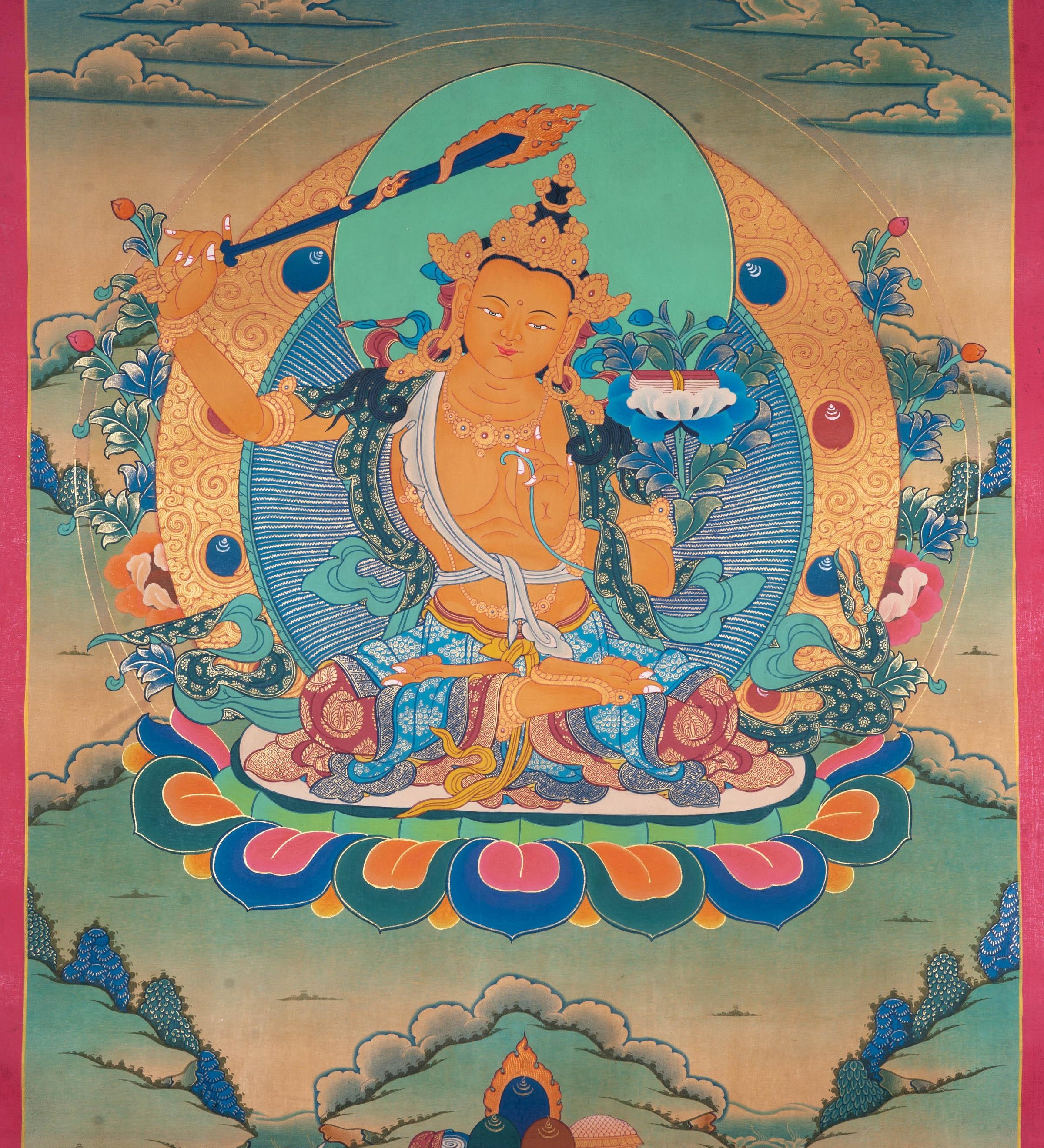 Manjushri Thangka Painting | Cutting of Ignorance with Wisdom - Himalayas Shop