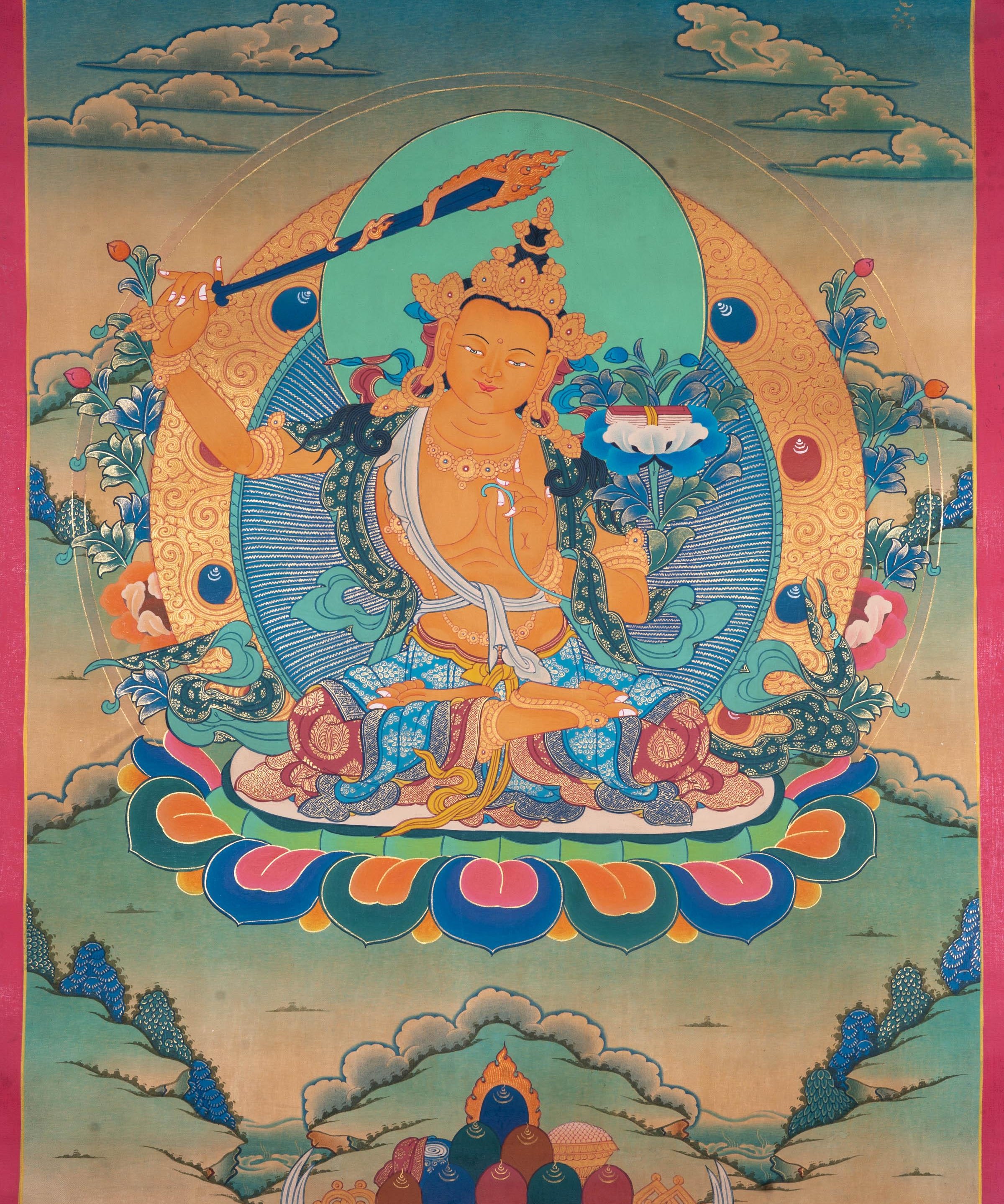 Manjushri Thangka Painting | Cutting of Ignorance with Wisdom - Himalayas Shop