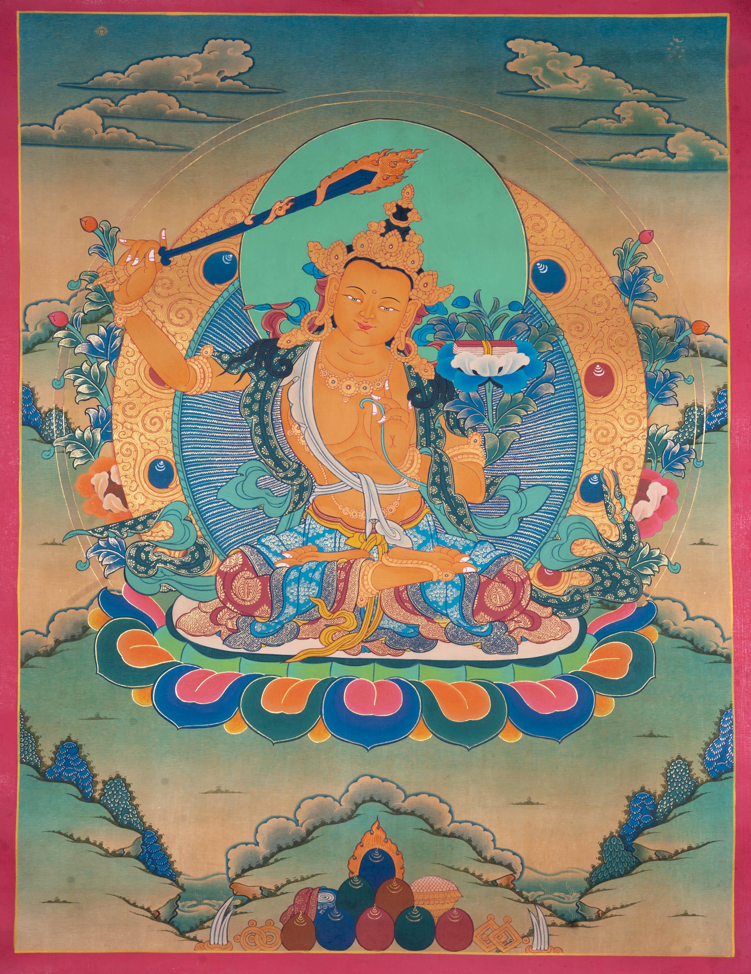 Manjushri Thangka Painting | Cutting of Ignorance with Wisdom - Himalayas Shop