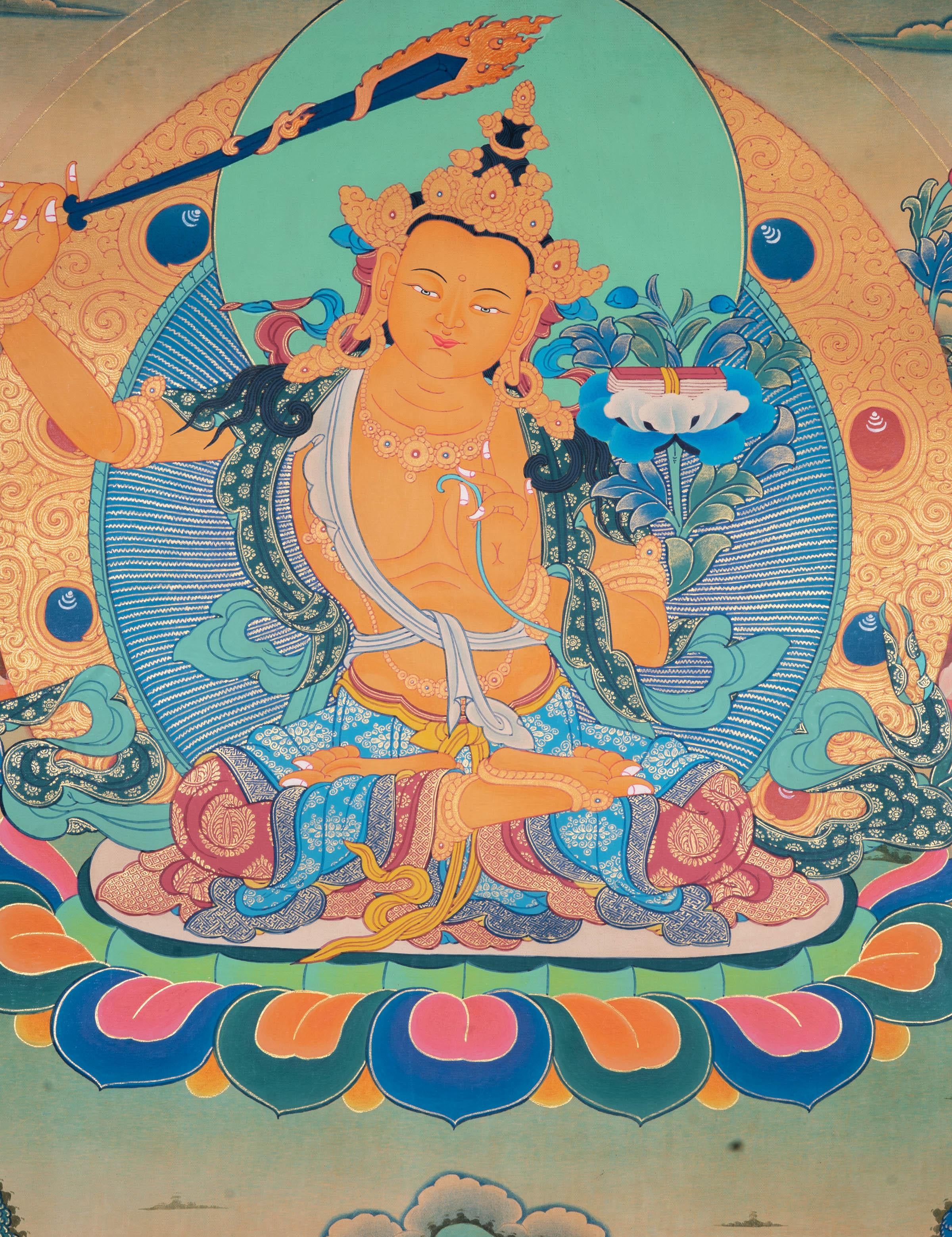 Manjushri Thangka Painting | Cutting of Ignorance with Wisdom - Himalayas Shop