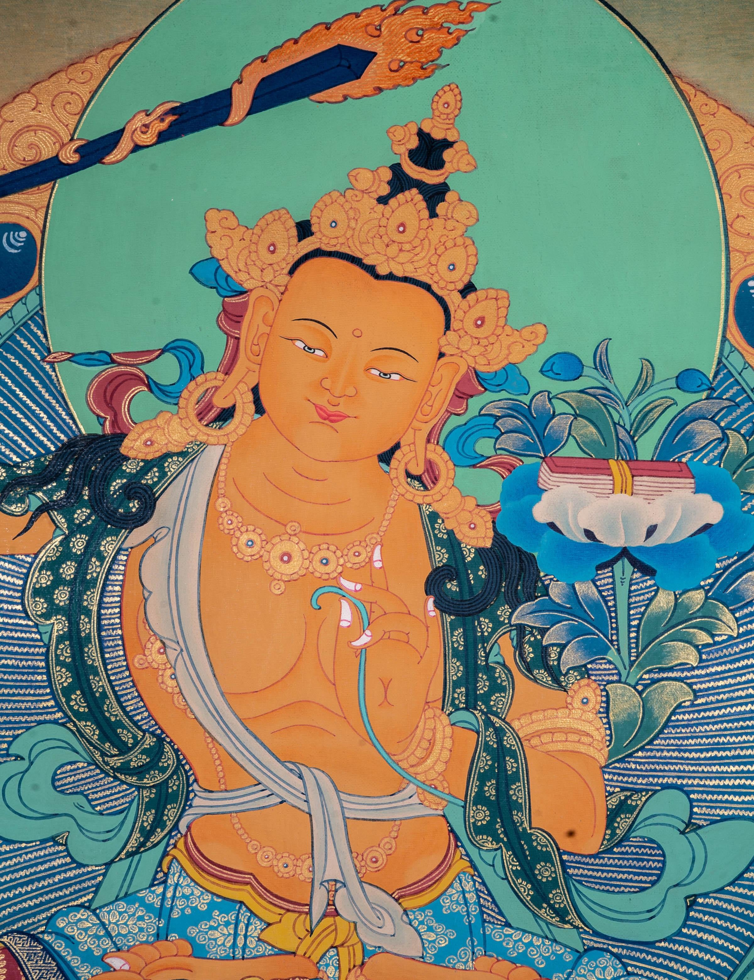 Manjushri Thangka Painting | Cutting of Ignorance with Wisdom - Himalayas Shop