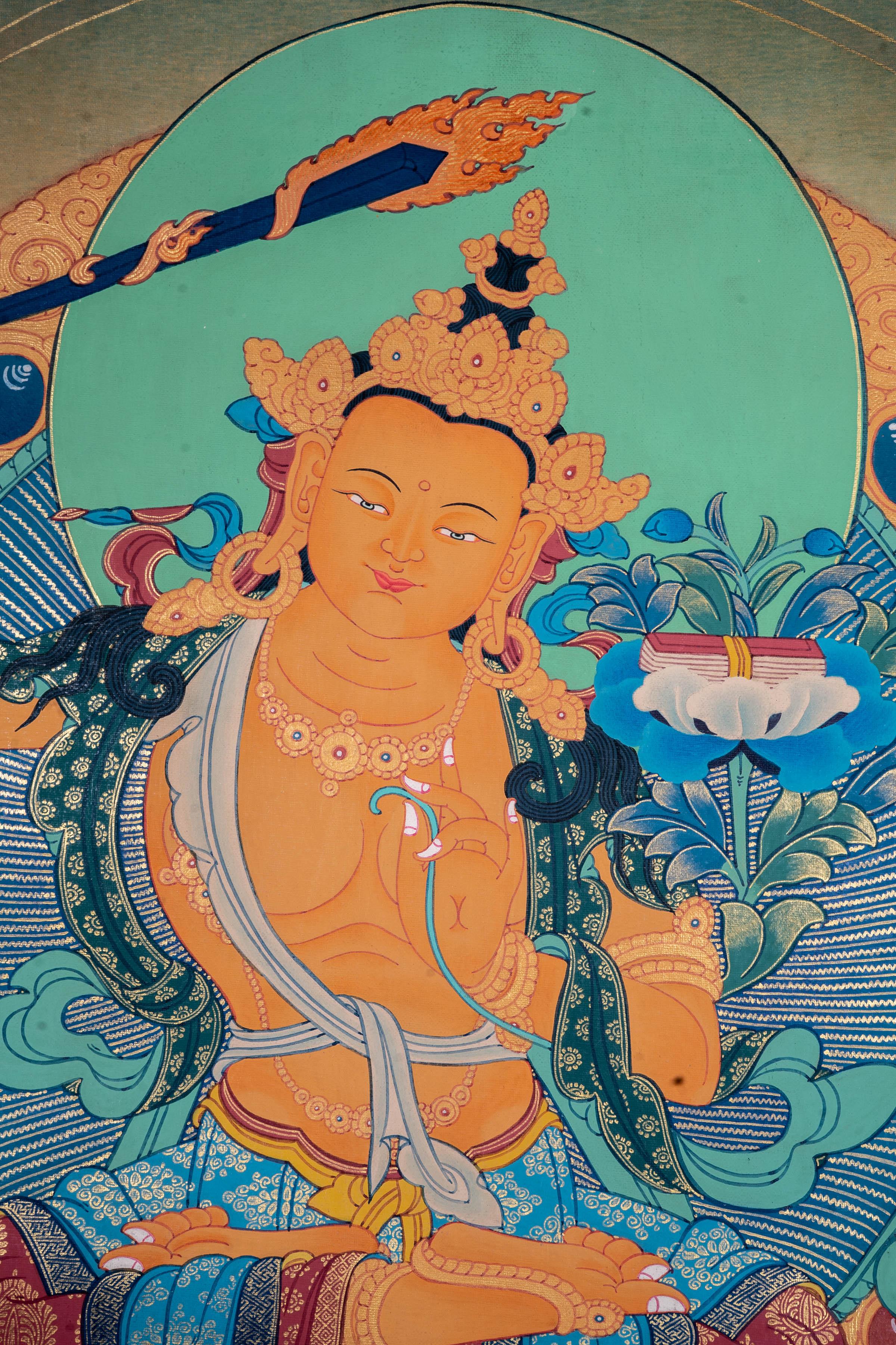 Manjushri Thangka Painting | Cutting of Ignorance with Wisdom - Himalayas Shop