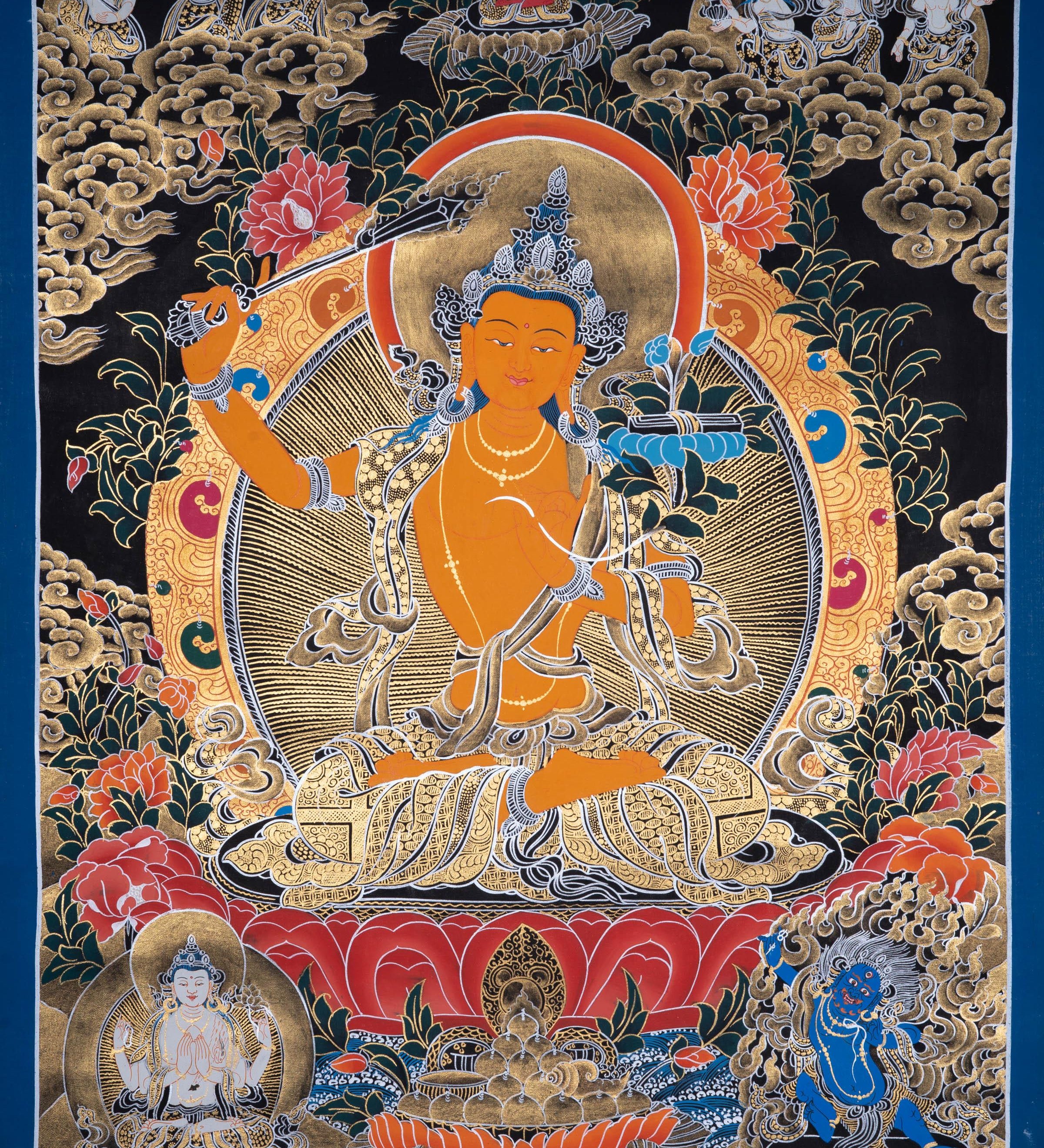 Manjushri Tibetan Thangka Painting with Silver and 24k Gold - Himalayas Shop