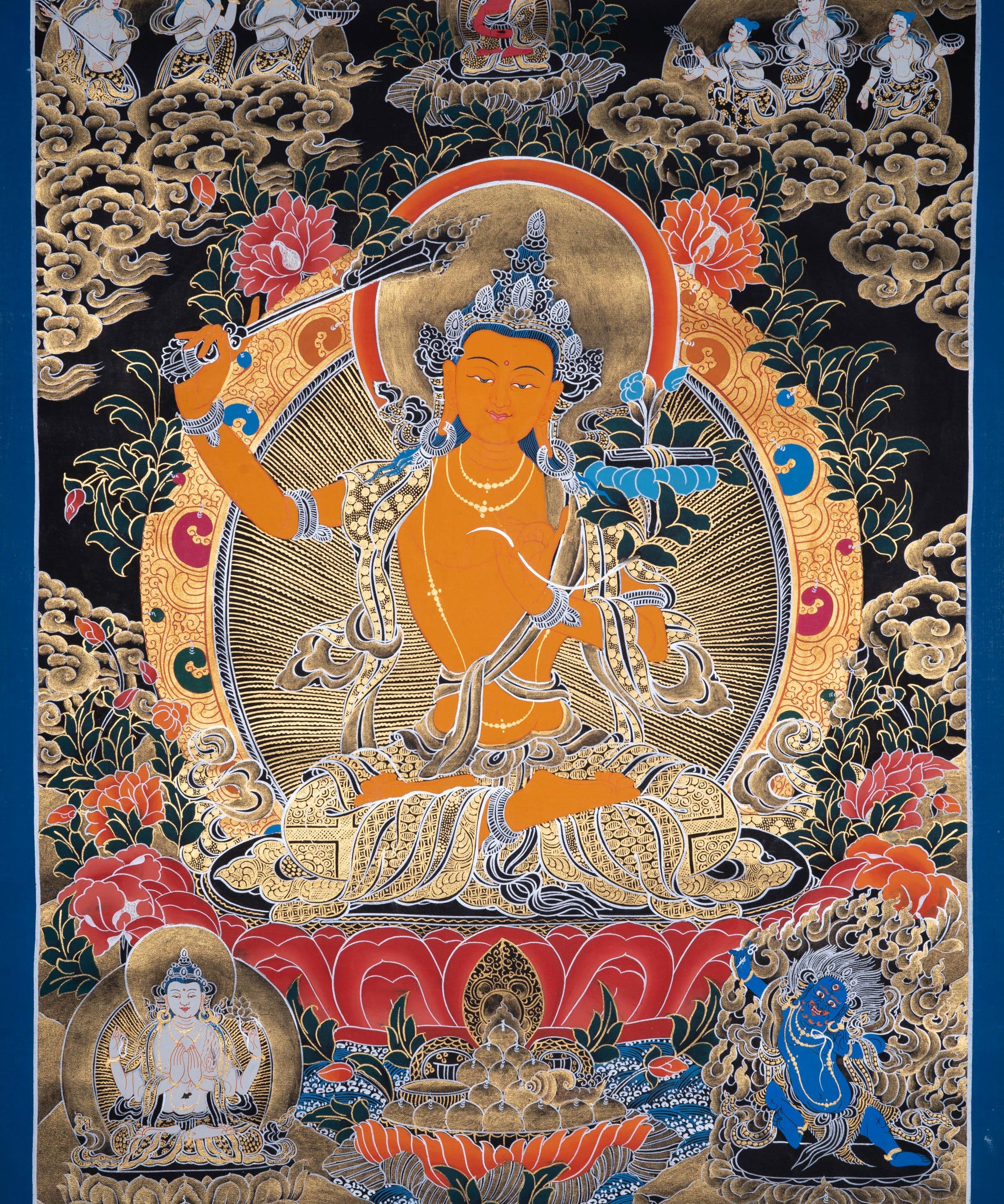 Manjushri Tibetan Thangka Painting with Silver and 24k Gold - Himalayas Shop