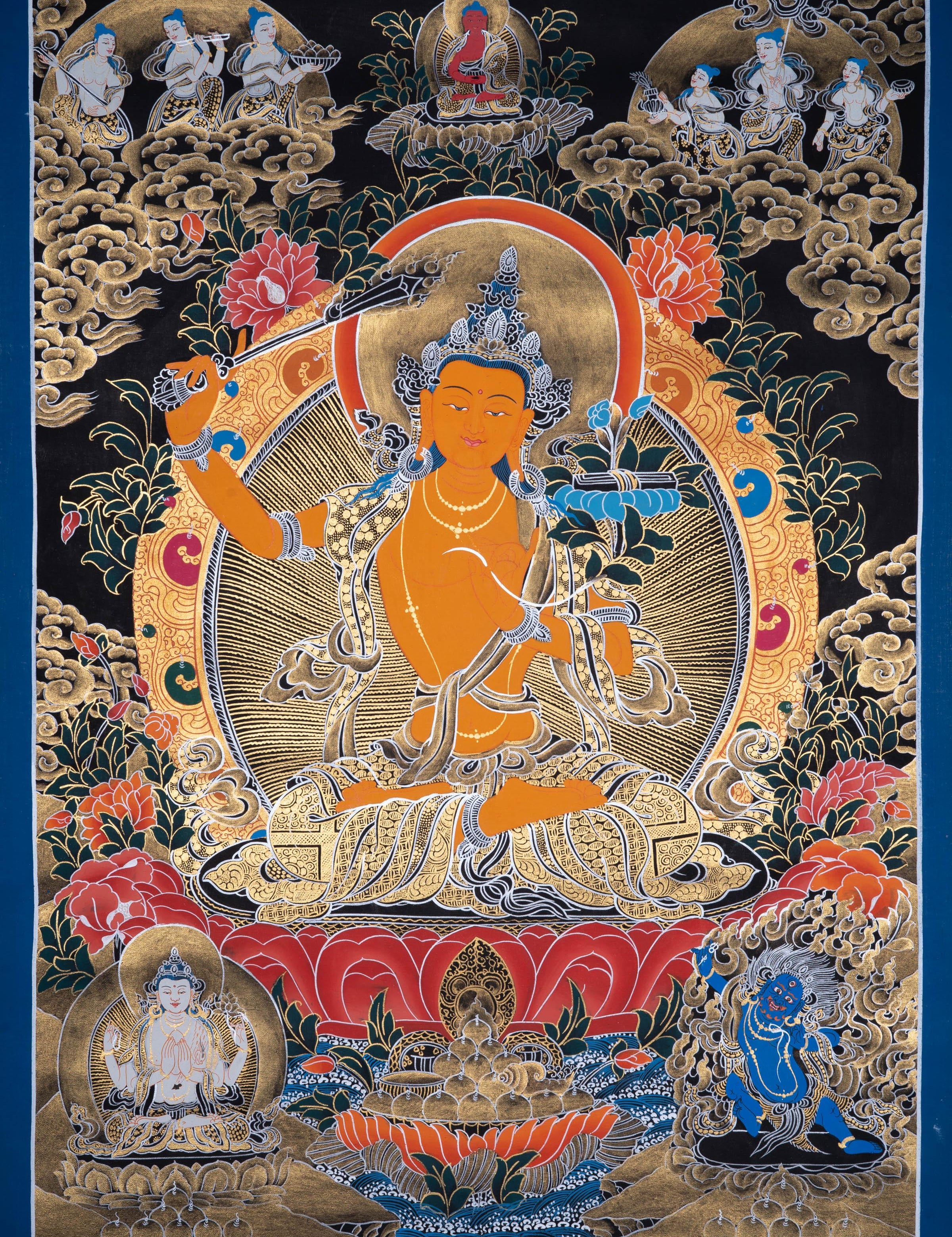 Manjushri Tibetan Thangka Painting with Silver and 24k Gold - Himalayas Shop