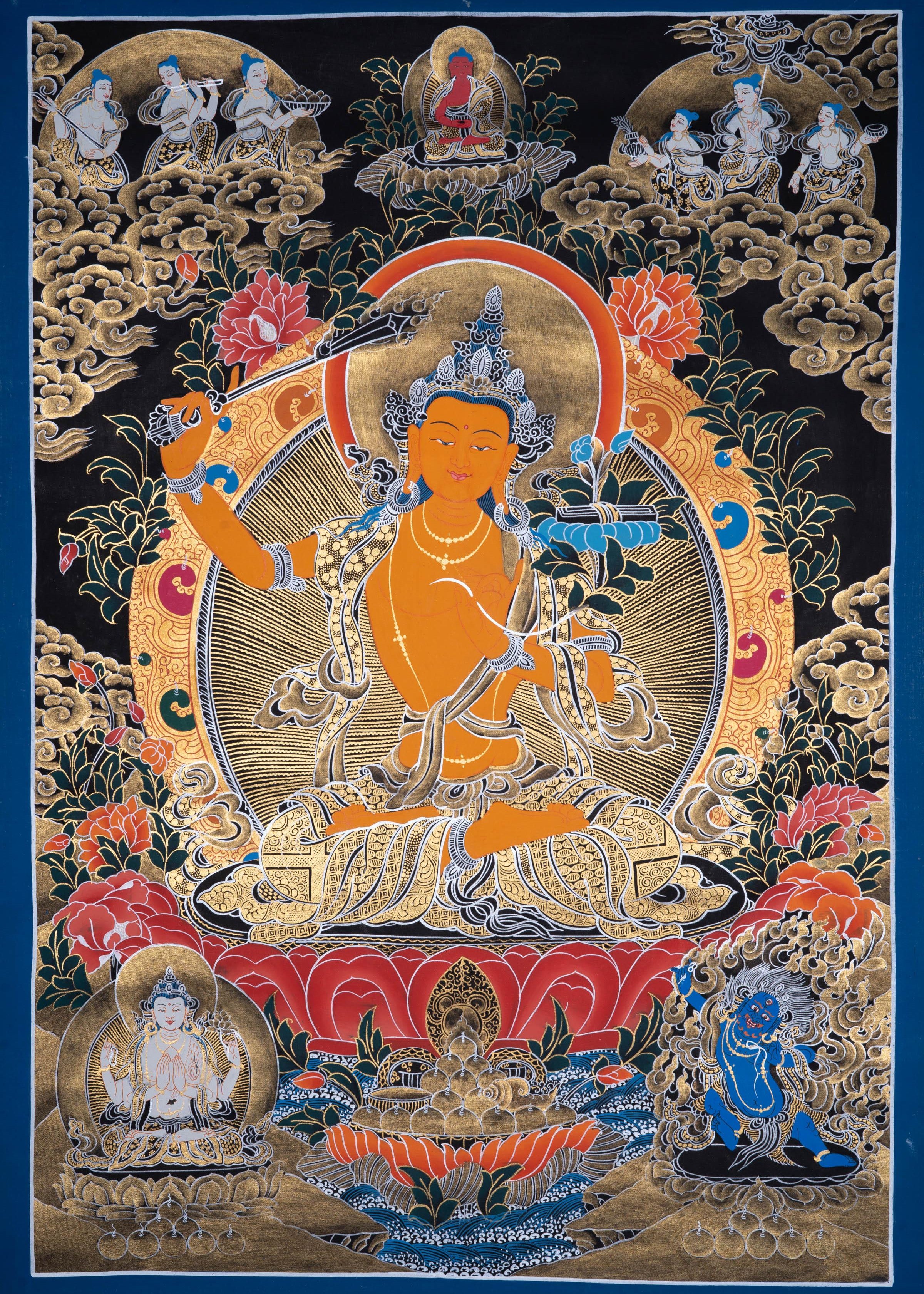 Manjushri Tibetan Thangka Painting with Silver and 24k Gold - Himalayas Shop
